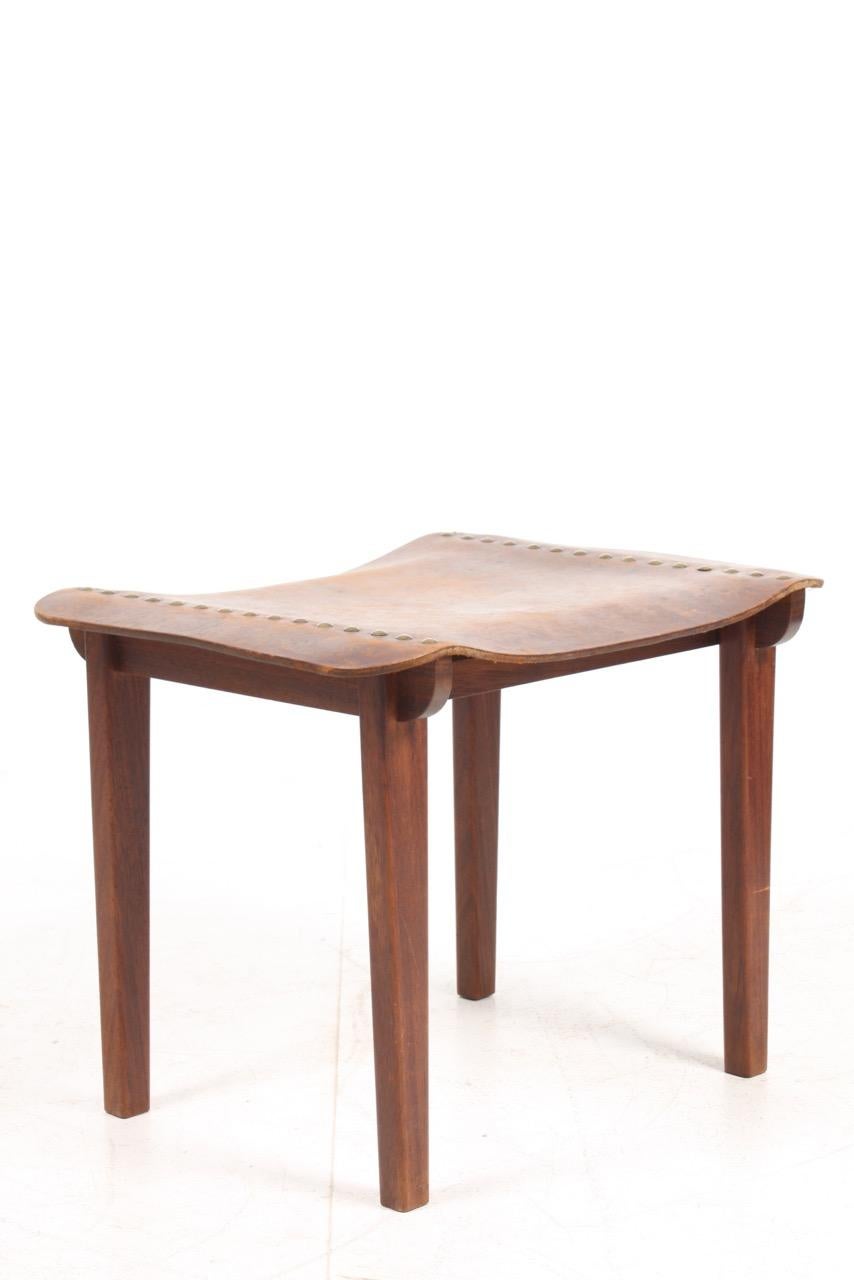 Mid-20th Century Danish Cabinetmaker Stool in Patinated Leather and Teak, 1940s