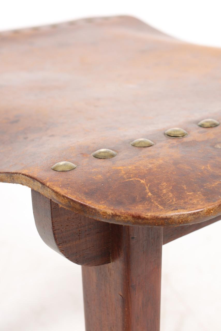 Danish Cabinetmaker Stool in Patinated Leather and Teak, 1940s 2