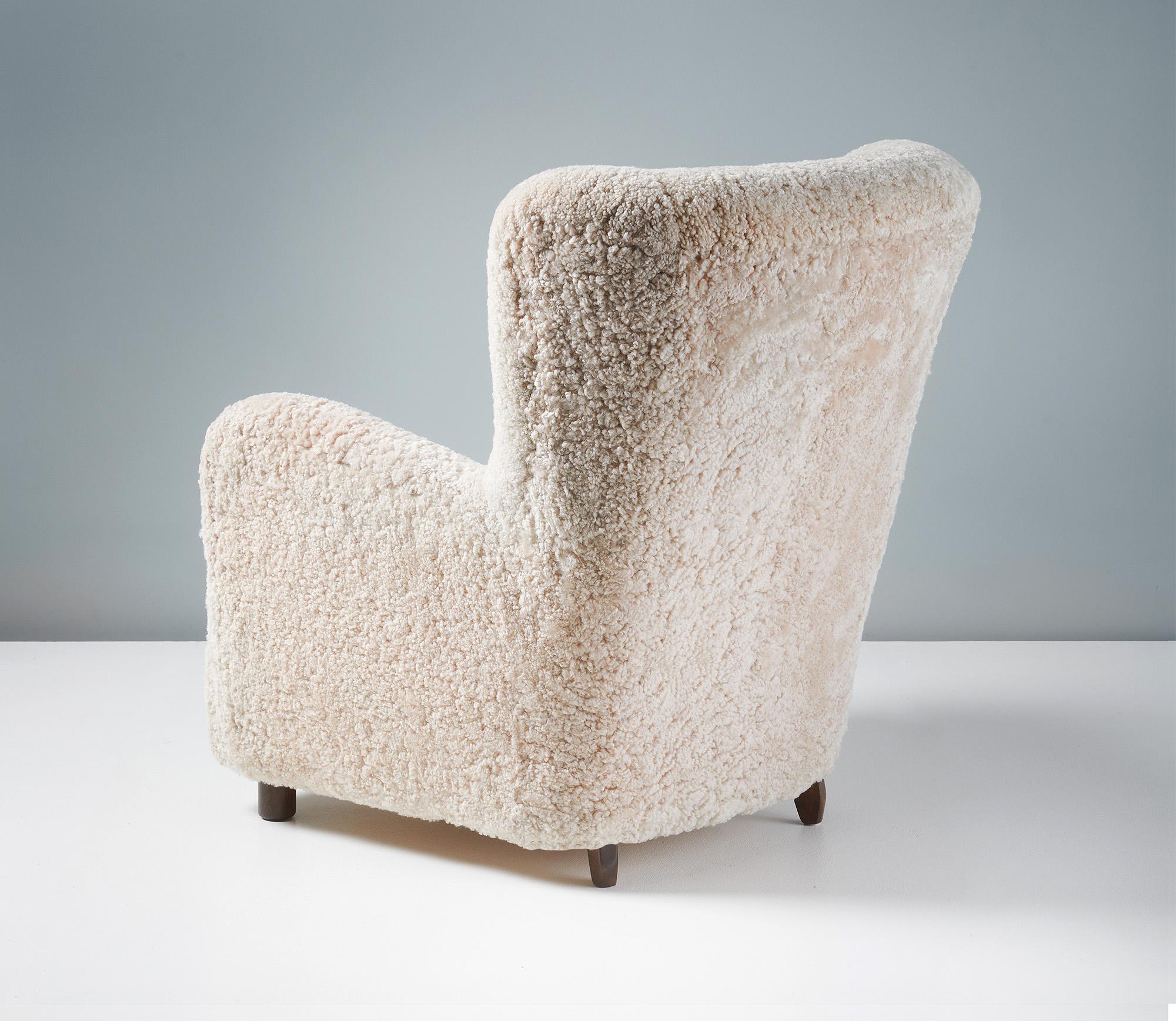 Mid-20th Century Danish Cabinetmaker Tall Sheepskin Lounge Chair, c1940s