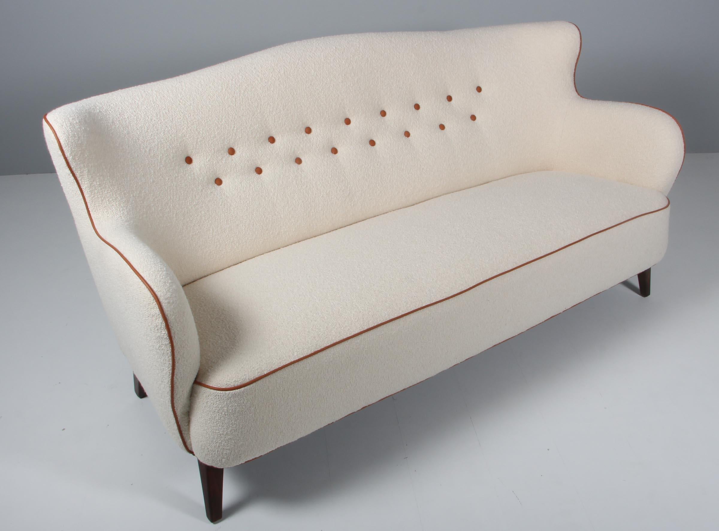 Scandinavian Modern Danish Cabinetmaker, Three Seat Sofa in Boucle and Aniline Leather, 1950s For Sale