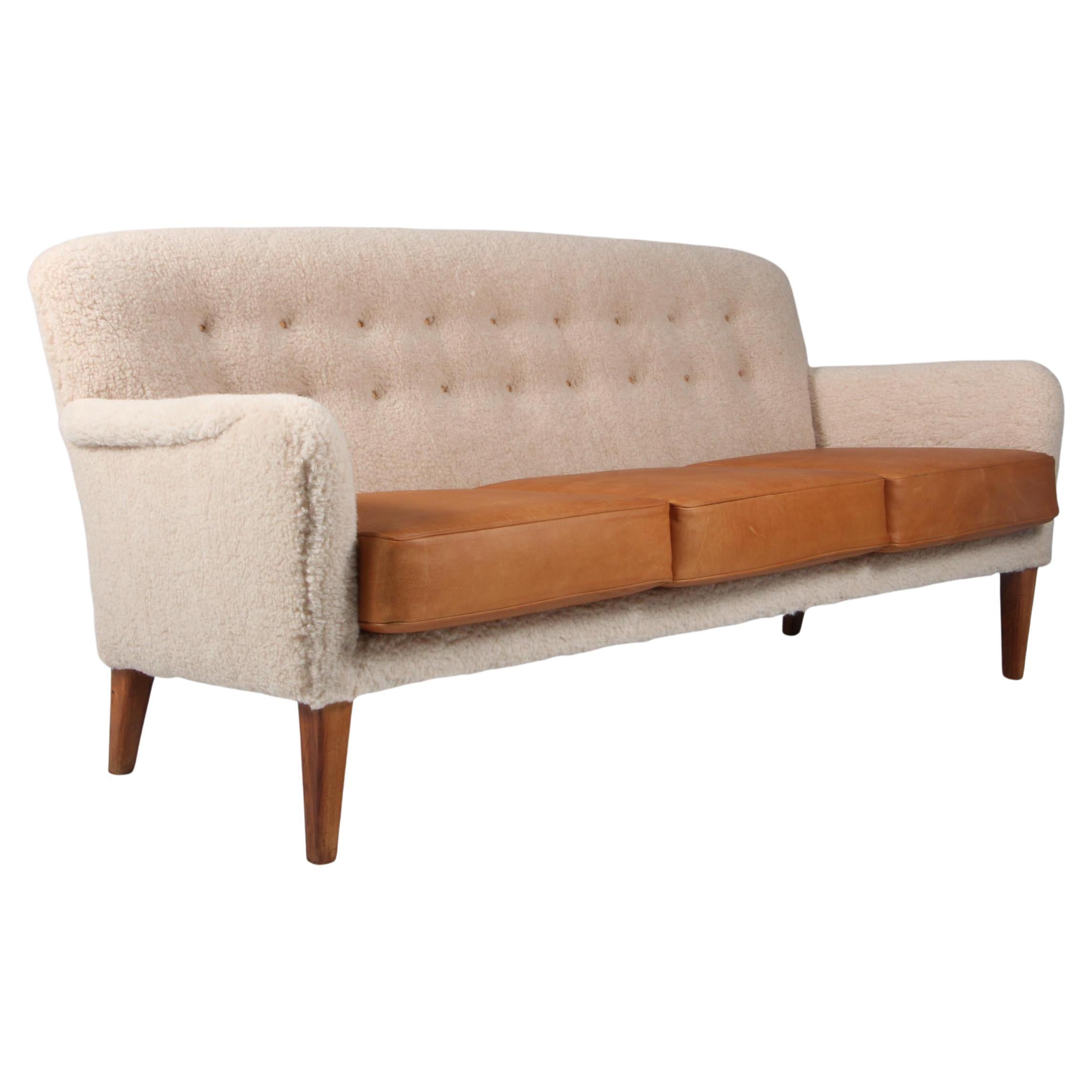 Danish Cabinetmaker, Three Seat Sofa Lambwool and Aniline Leather, 1940s