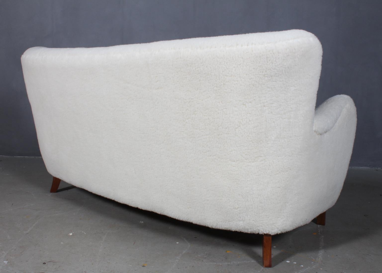 Lambskin Danish Cabinetmaker Three-Seat Sofa Lambwool Sofa, 1940s