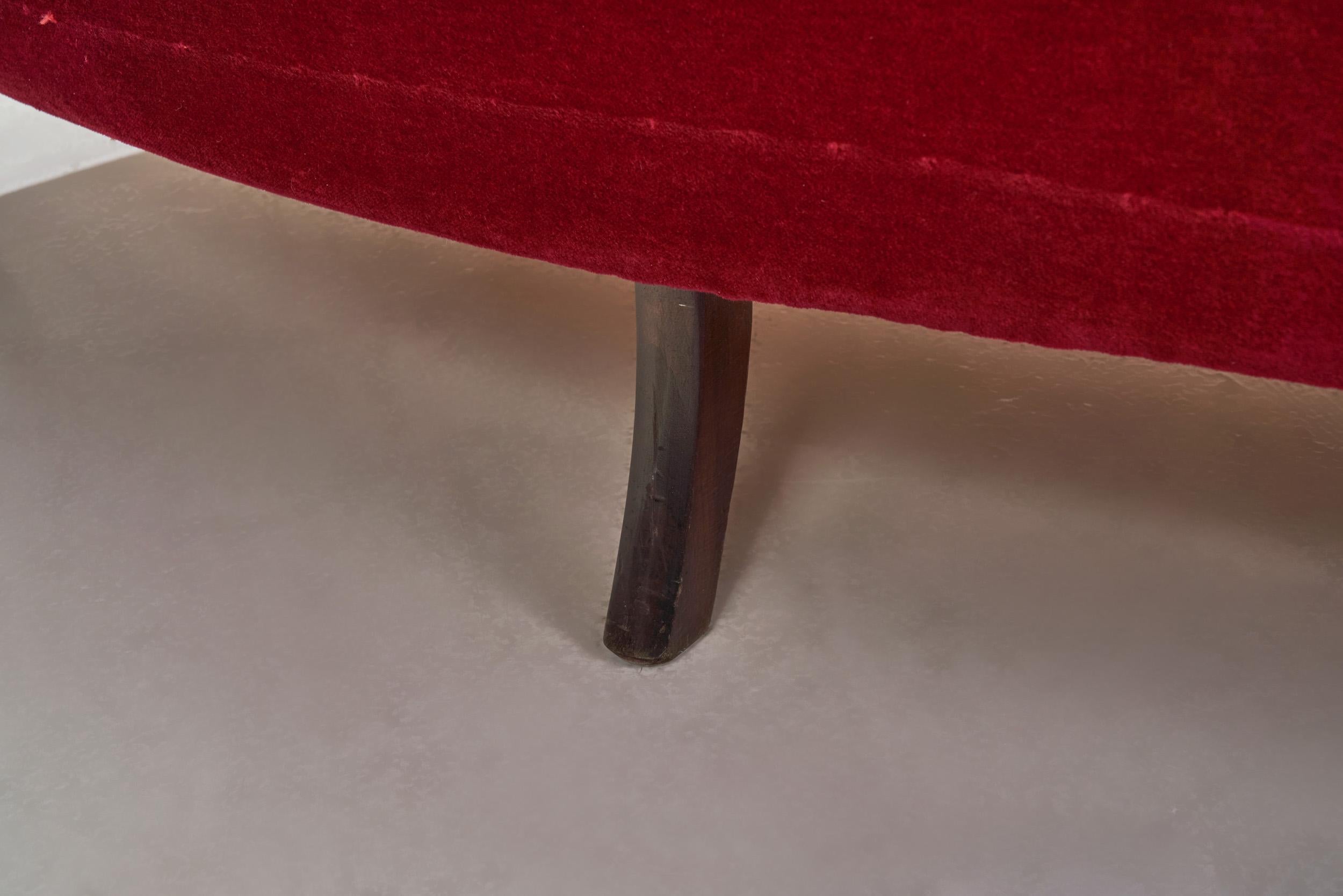 Danish Cabinetmaker Three-seater Sofa Upholstered in Red Velour, Denmark 1940s 5