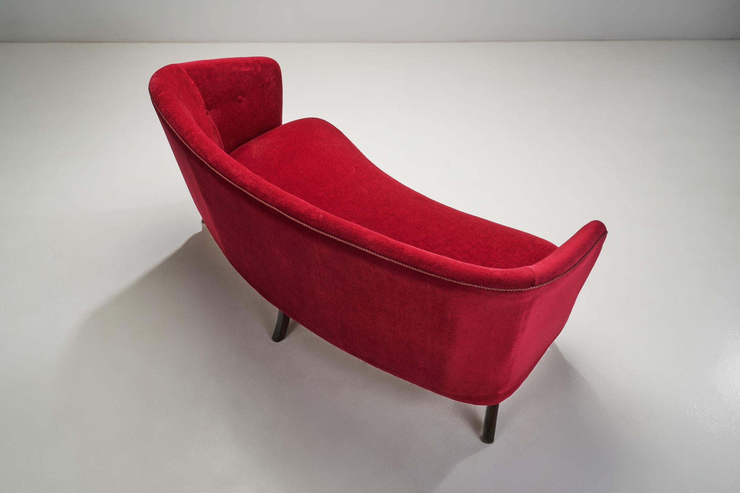 Danish Cabinetmaker Three-seater Sofa Upholstered in Red Velour, Denmark 1940s 6