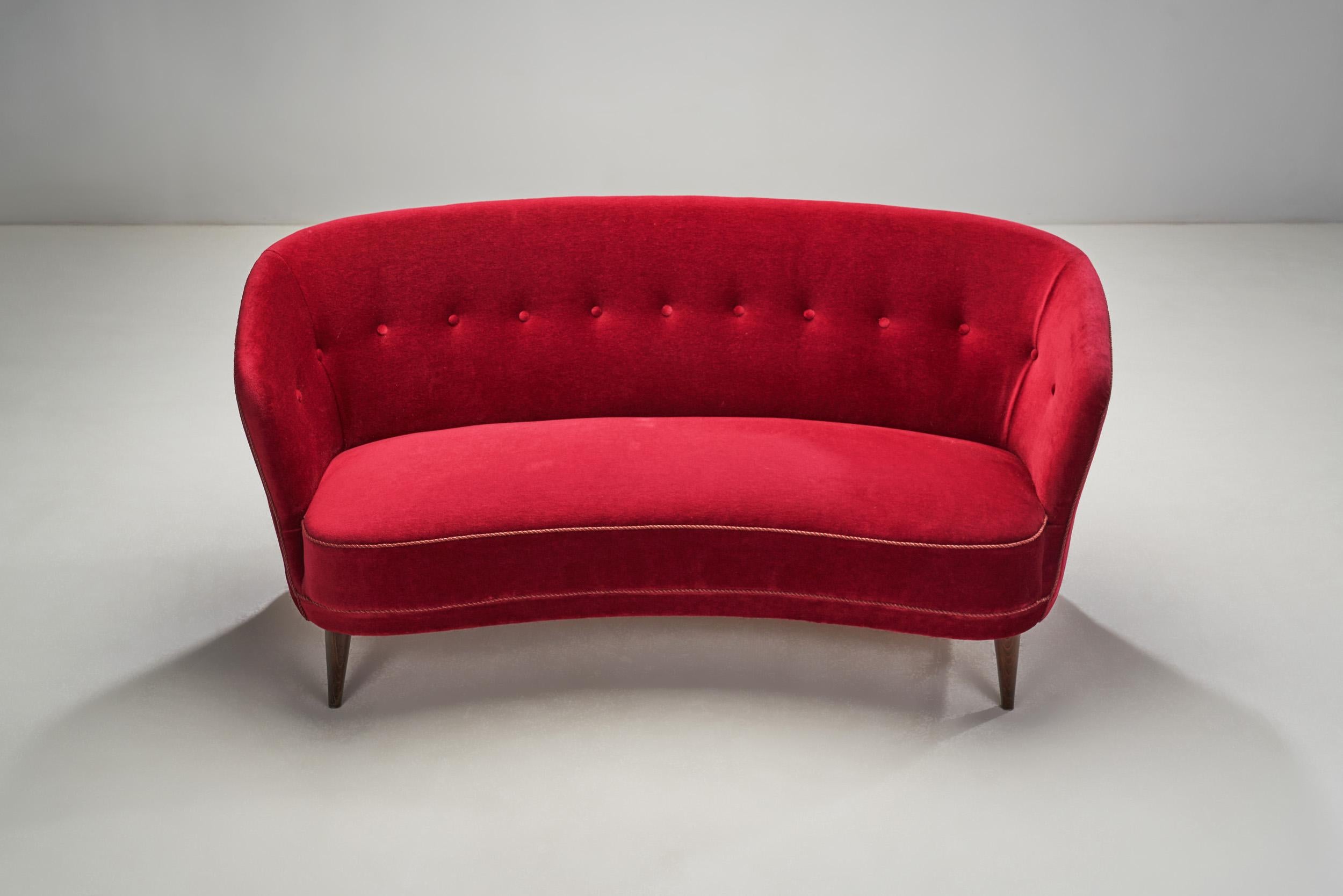 Danish Cabinetmaker Three-seater Sofa Upholstered in Red Velour, Denmark 1940s 2