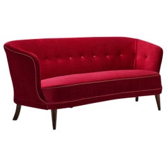 Danish Cabinetmaker Three-seater Sofa Upholstered in Red Velour, Denmark 1940s