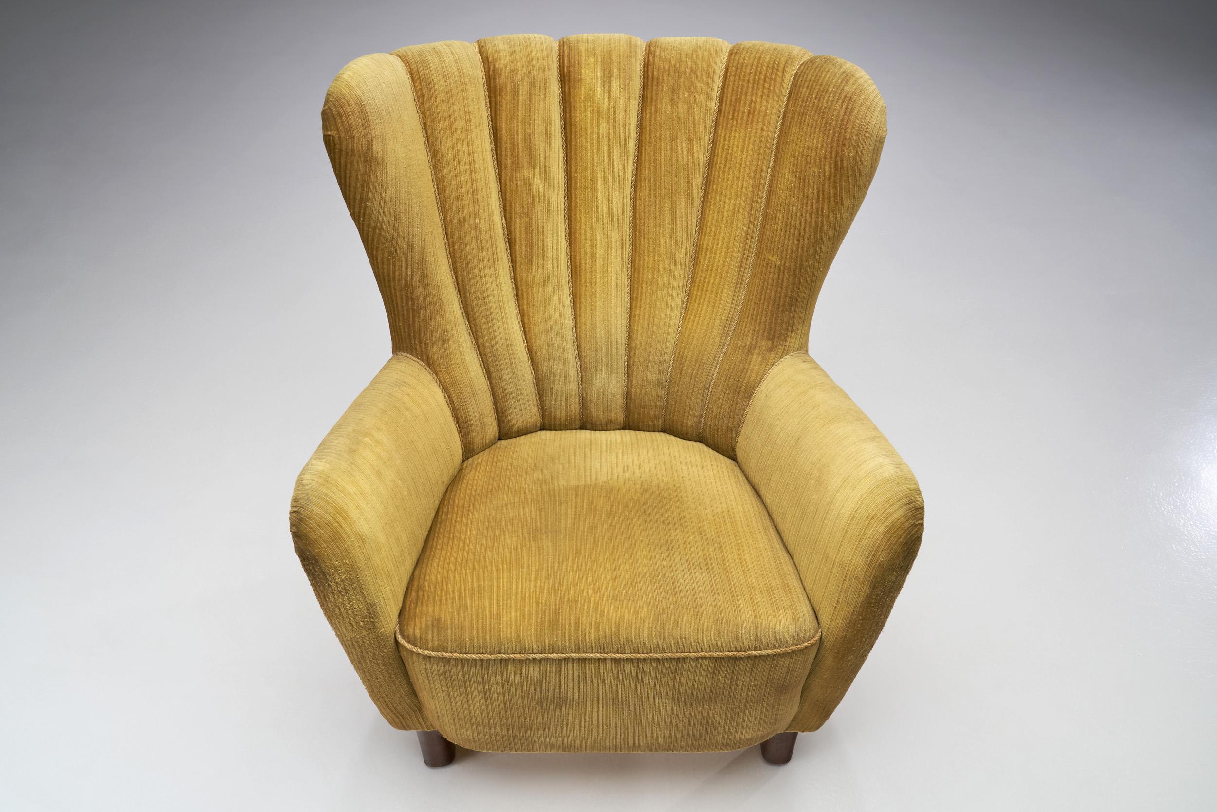 Fabric Danish Cabinetmaker Velour Easy Chair with Stained Beech Feet, Denmark, 1940s