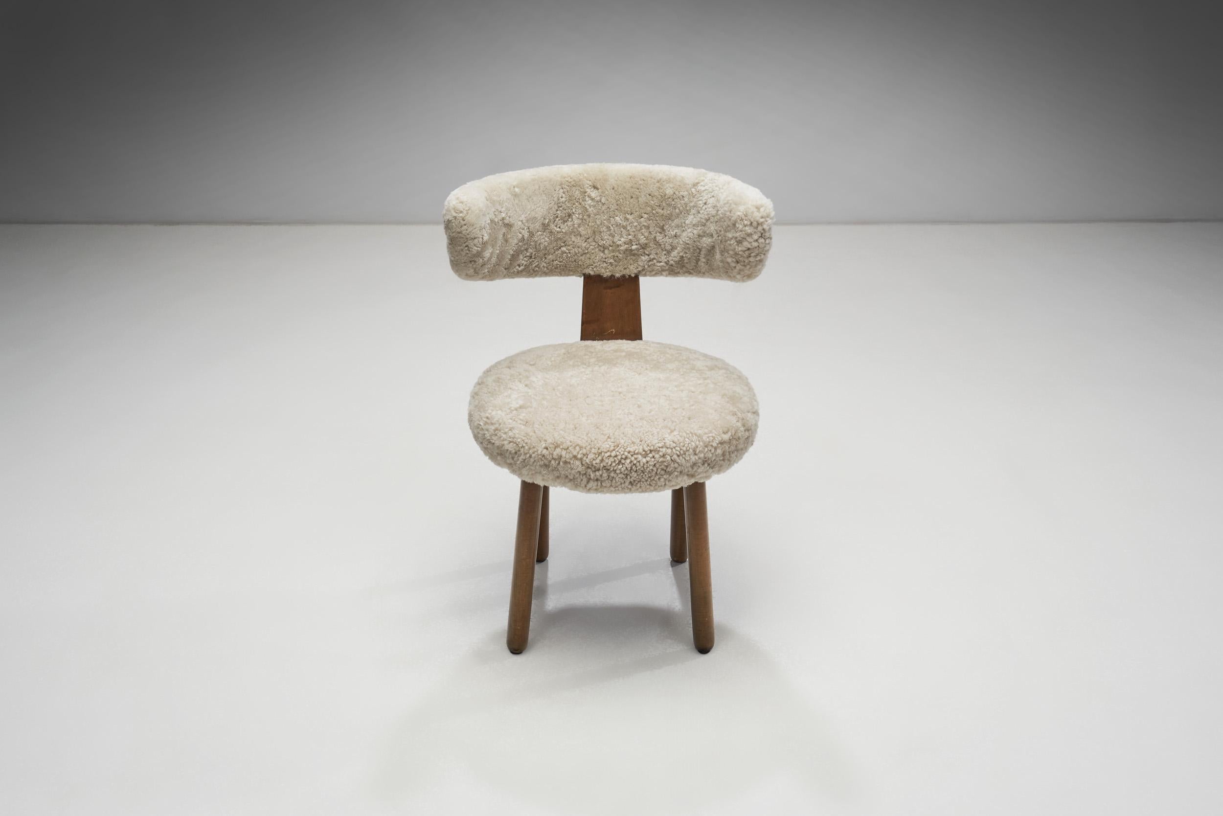 Danish Cabinetmaker Walnut Chair and Stool in Sheepskin, Denmark 1940s 1
