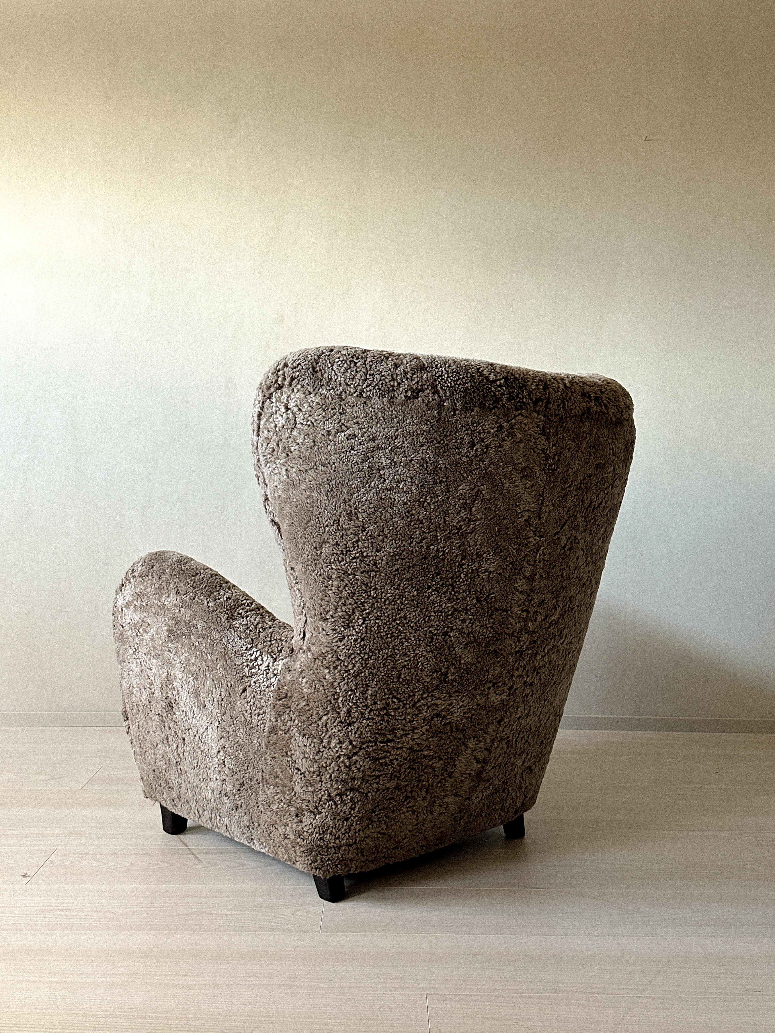Danish Cabinetmaker Wing Back Chair in Sheepskin, Denmark, 1940s 5