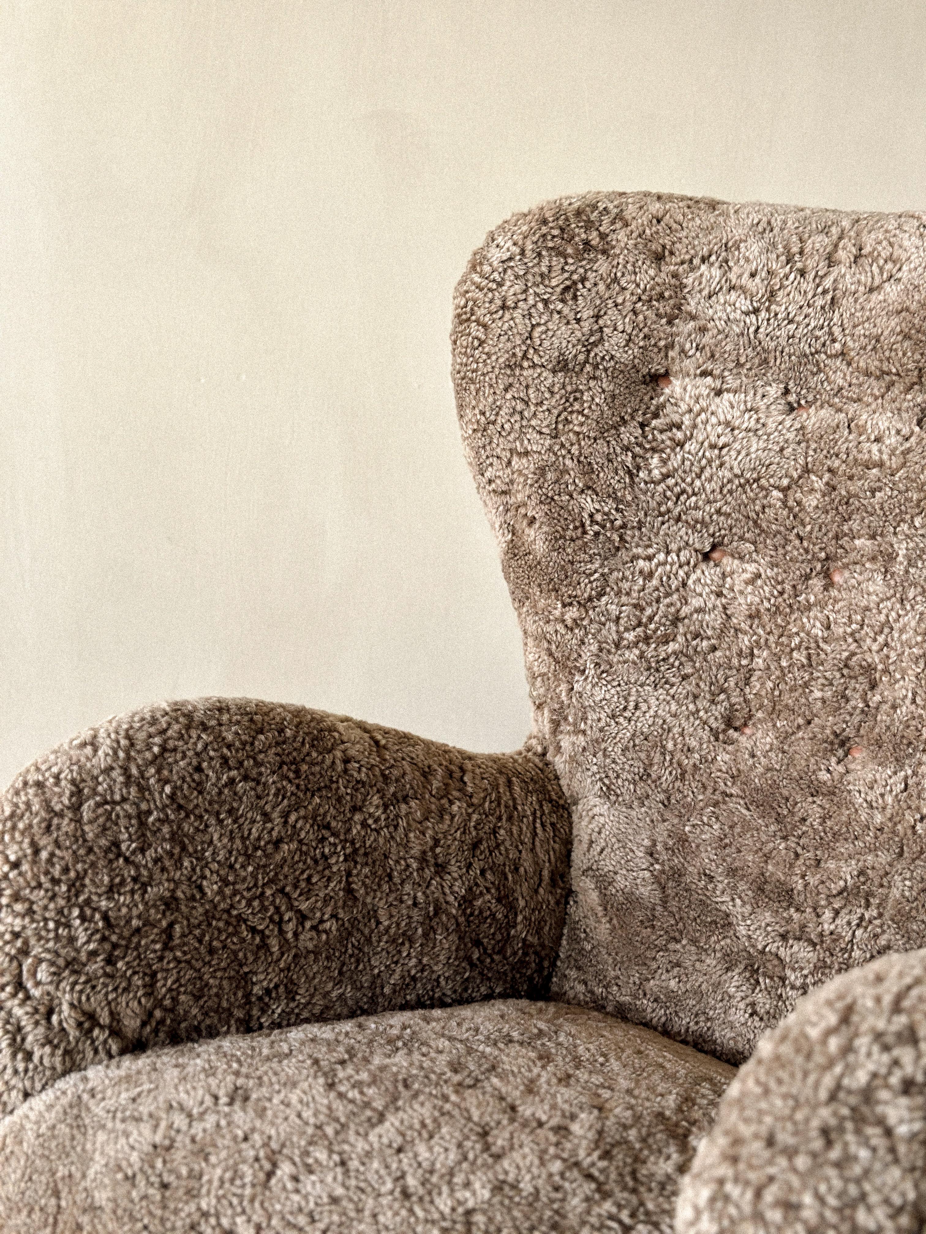 Danish Cabinetmaker Wing Back Chair in Sheepskin, Denmark, 1940s 6