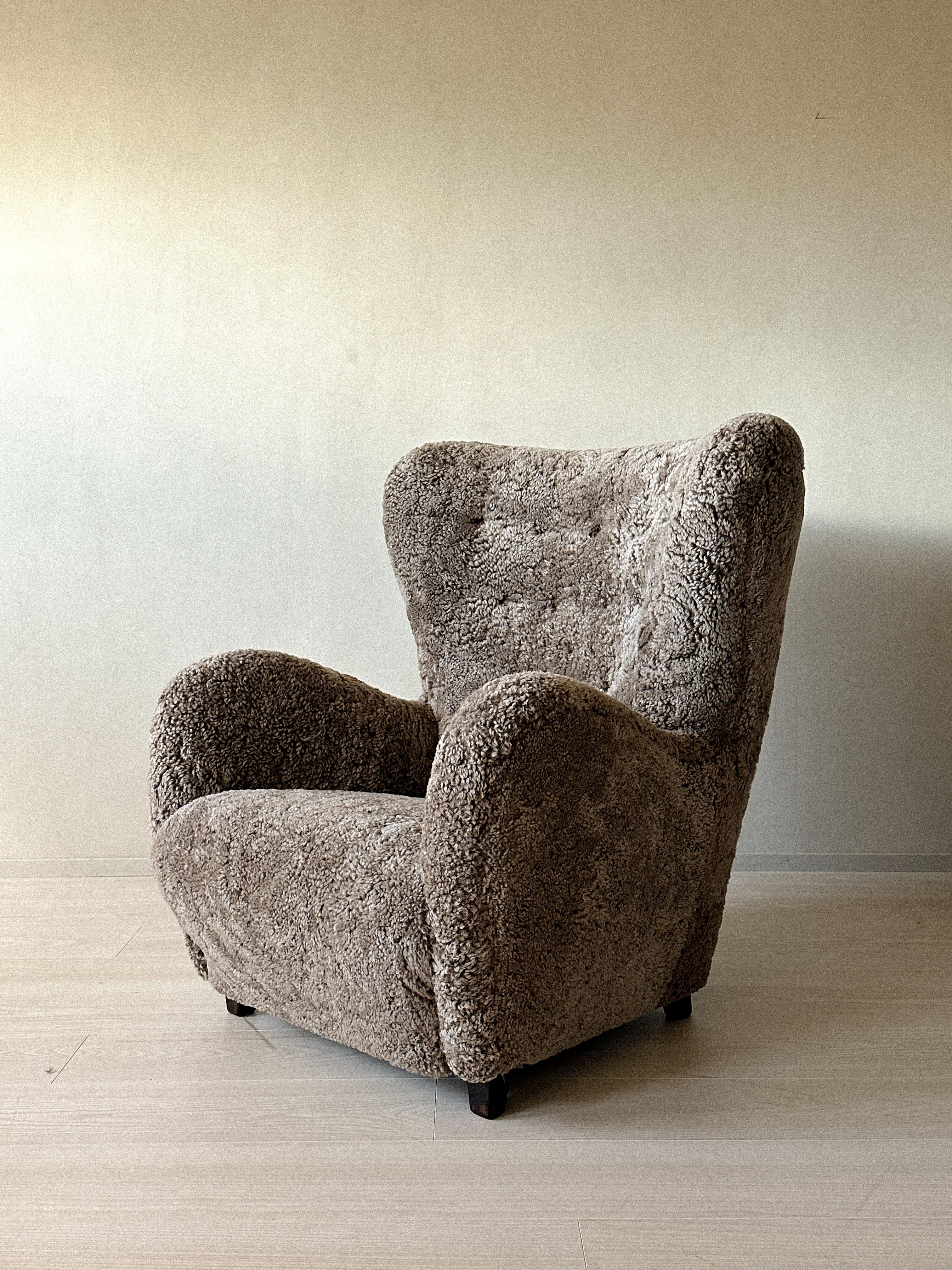 Danish Cabinetmaker Wing Back Chair in Sheepskin, Denmark, 1940s 7