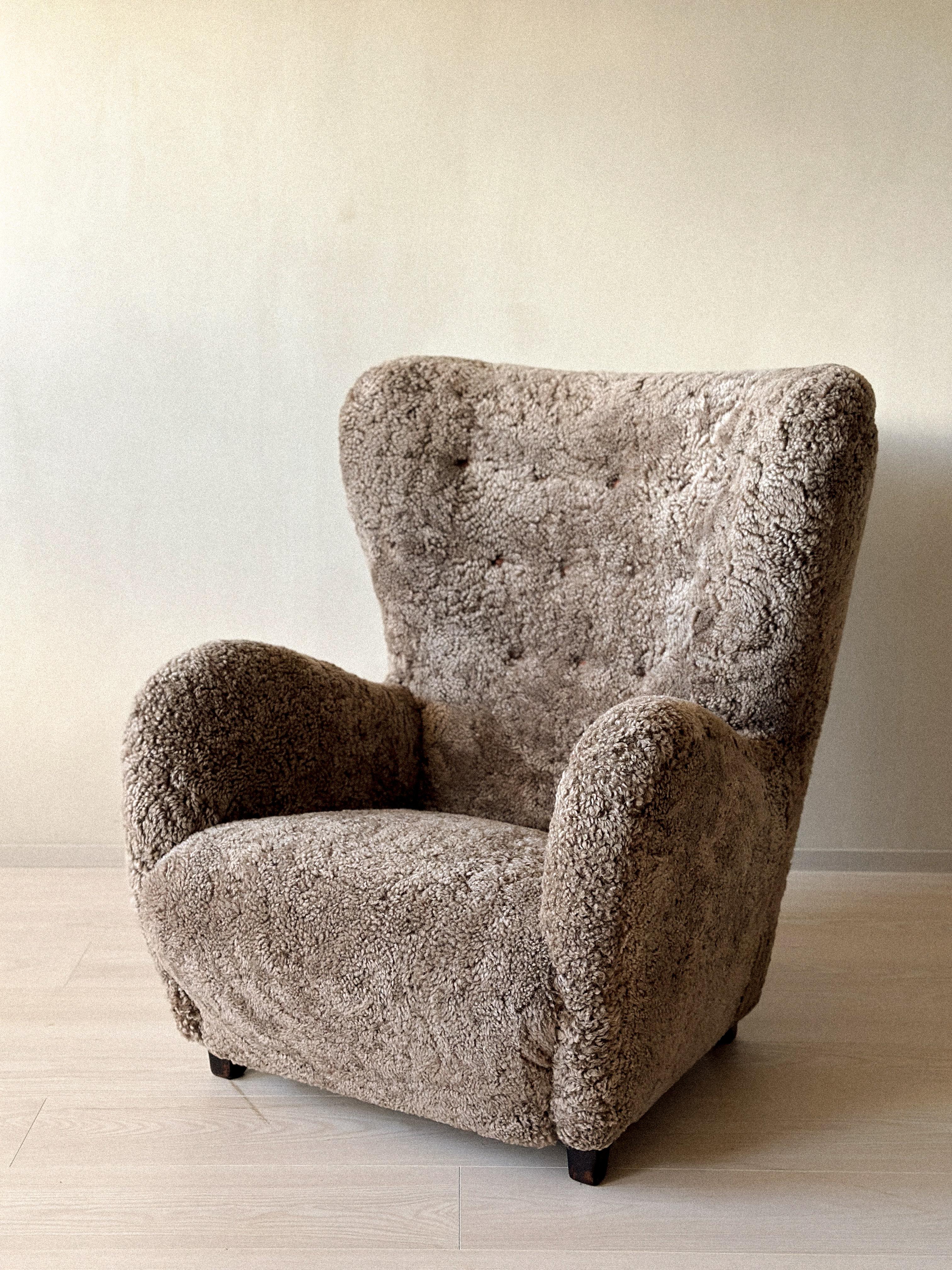 Mid-Century Modern Danish Cabinetmaker Wing Back Chair in Sheepskin, Denmark, 1940s