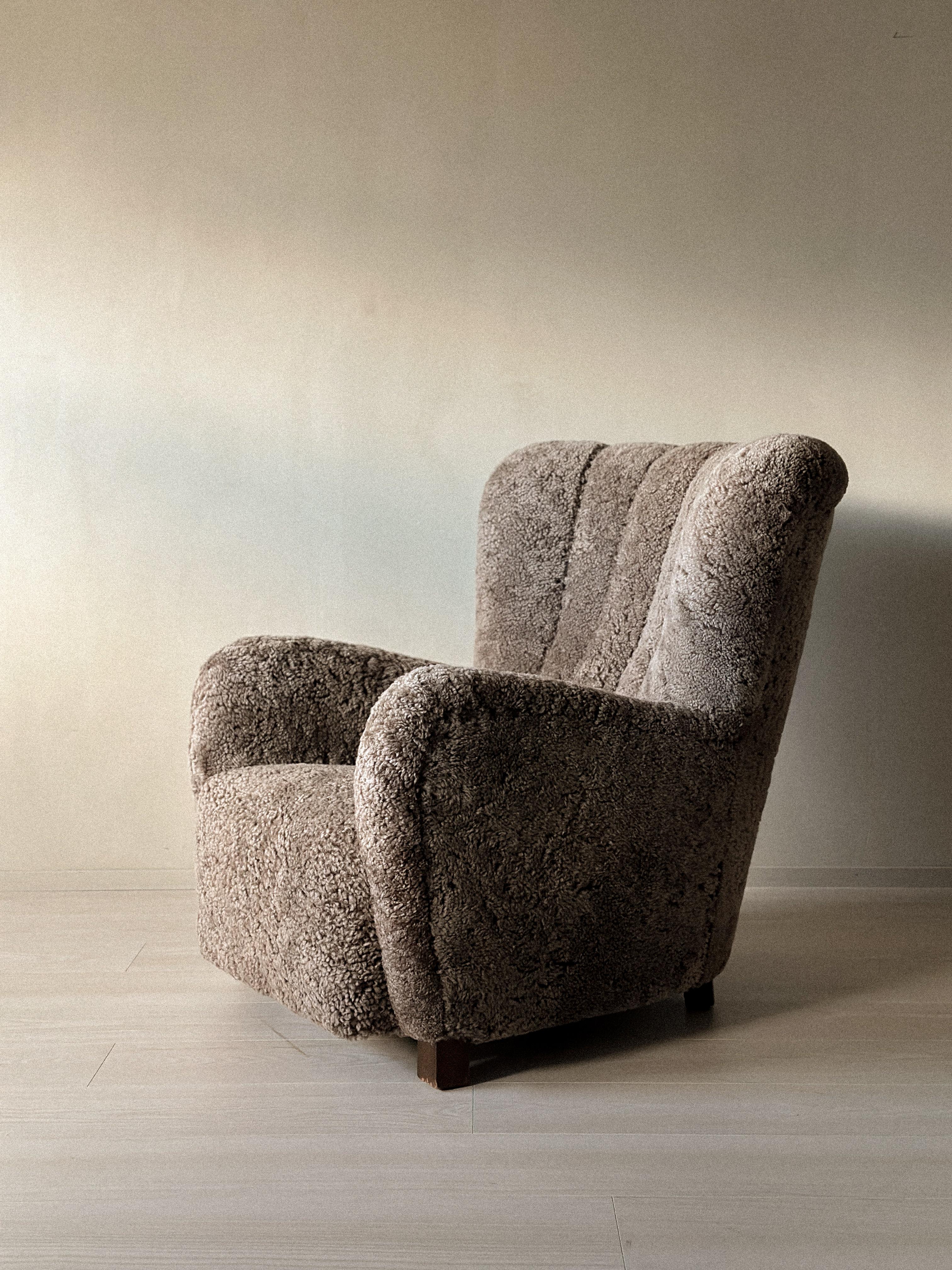 Mid-Century Modern Danish Cabinetmaker Wing Back Chair in Sheepskin, Denmark, 1940s