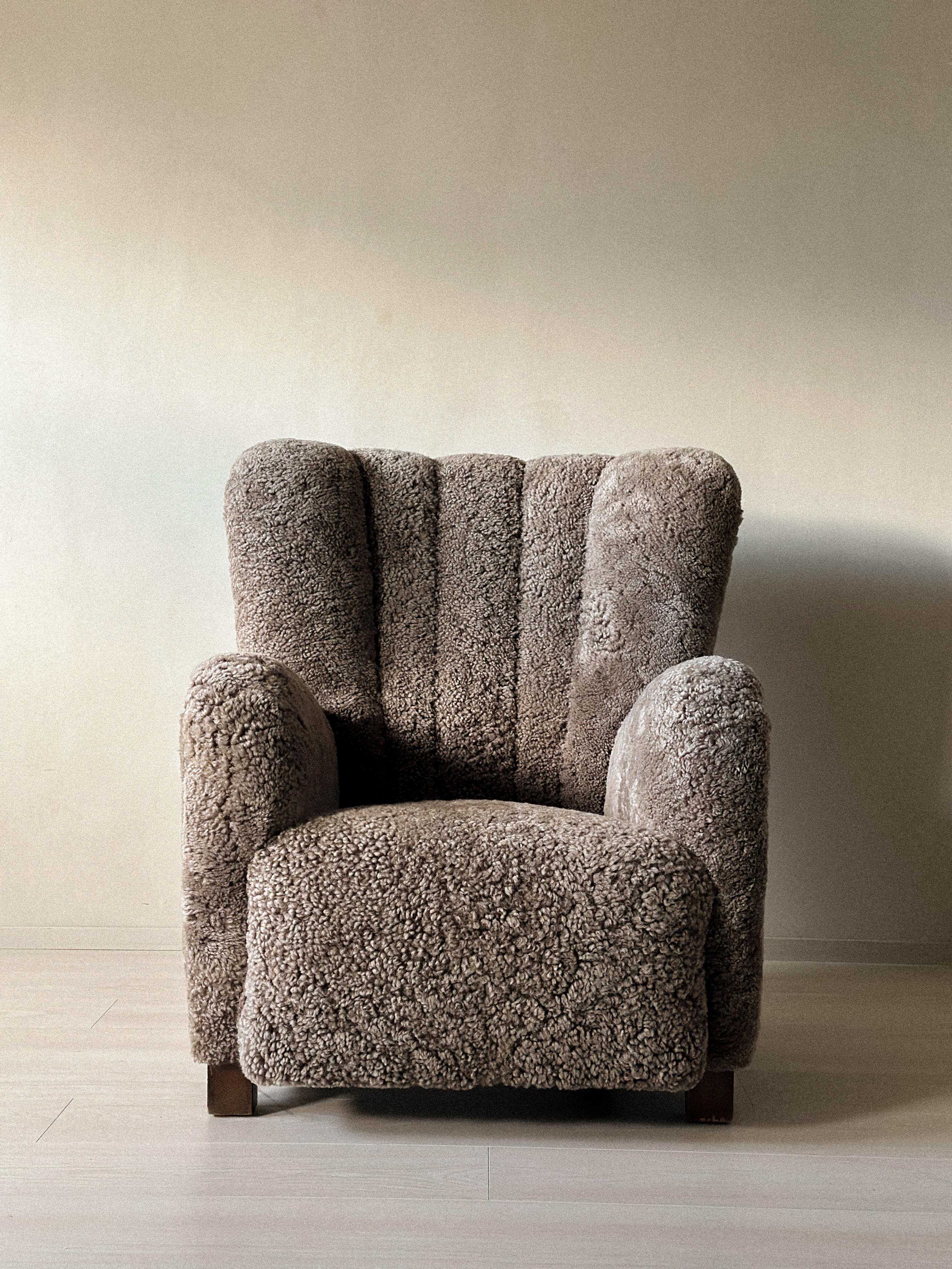 Danish Cabinetmaker Wing Back Chair in Sheepskin, Denmark, 1940s 1