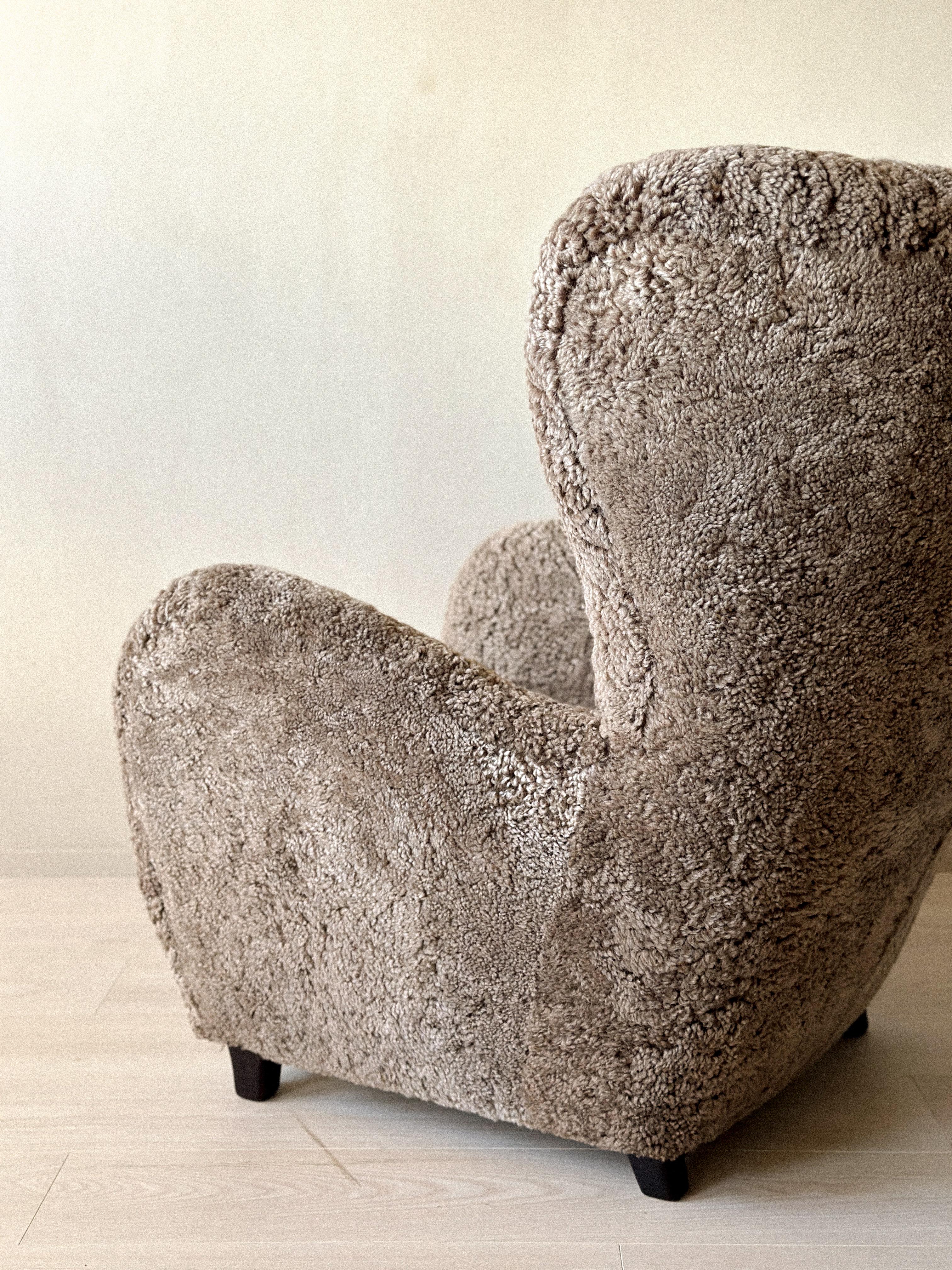 Danish Cabinetmaker Wing Back Chair in Sheepskin, Denmark, 1940s 2