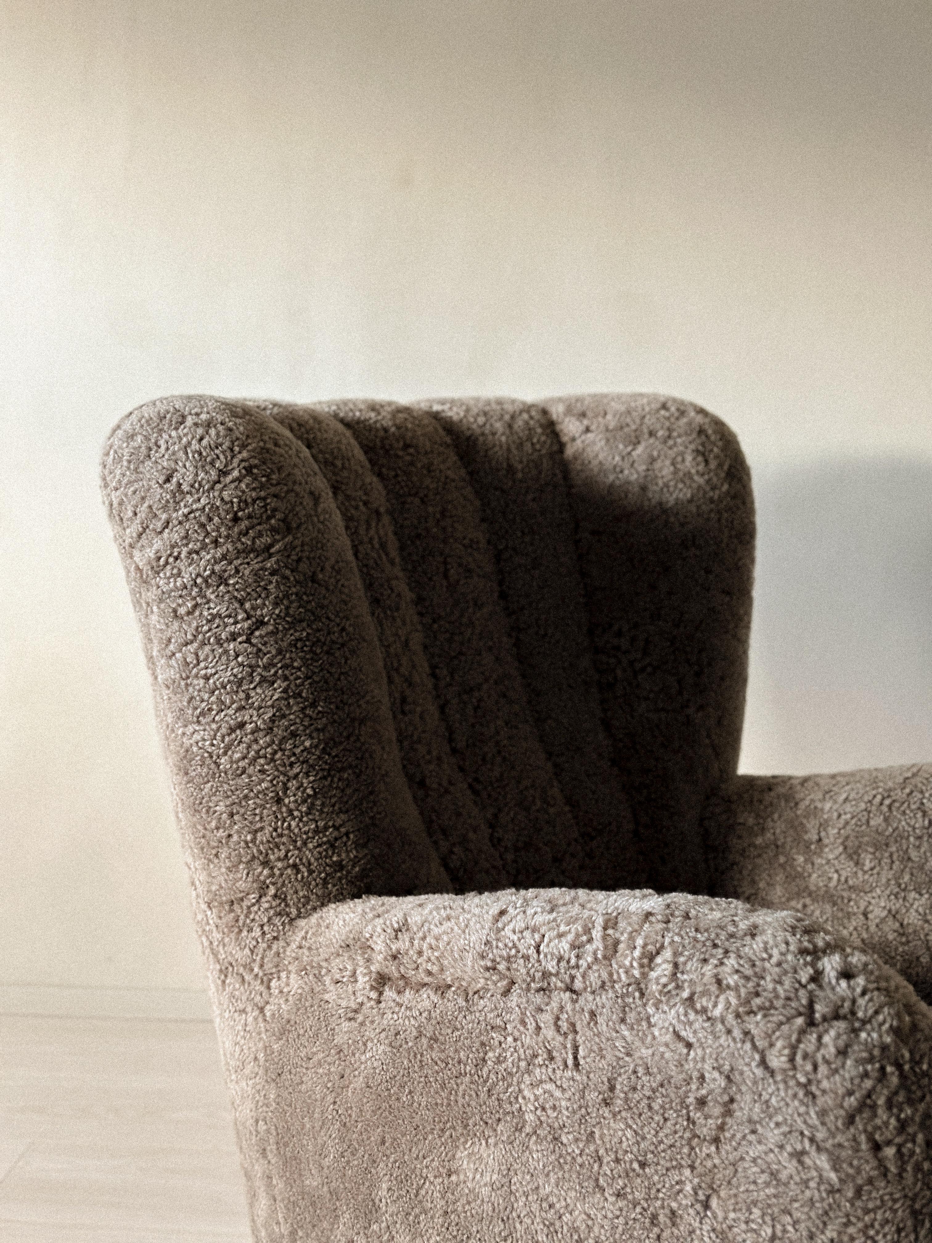 Danish Cabinetmaker Wing Back Chair in Sheepskin, Denmark, 1940s 2