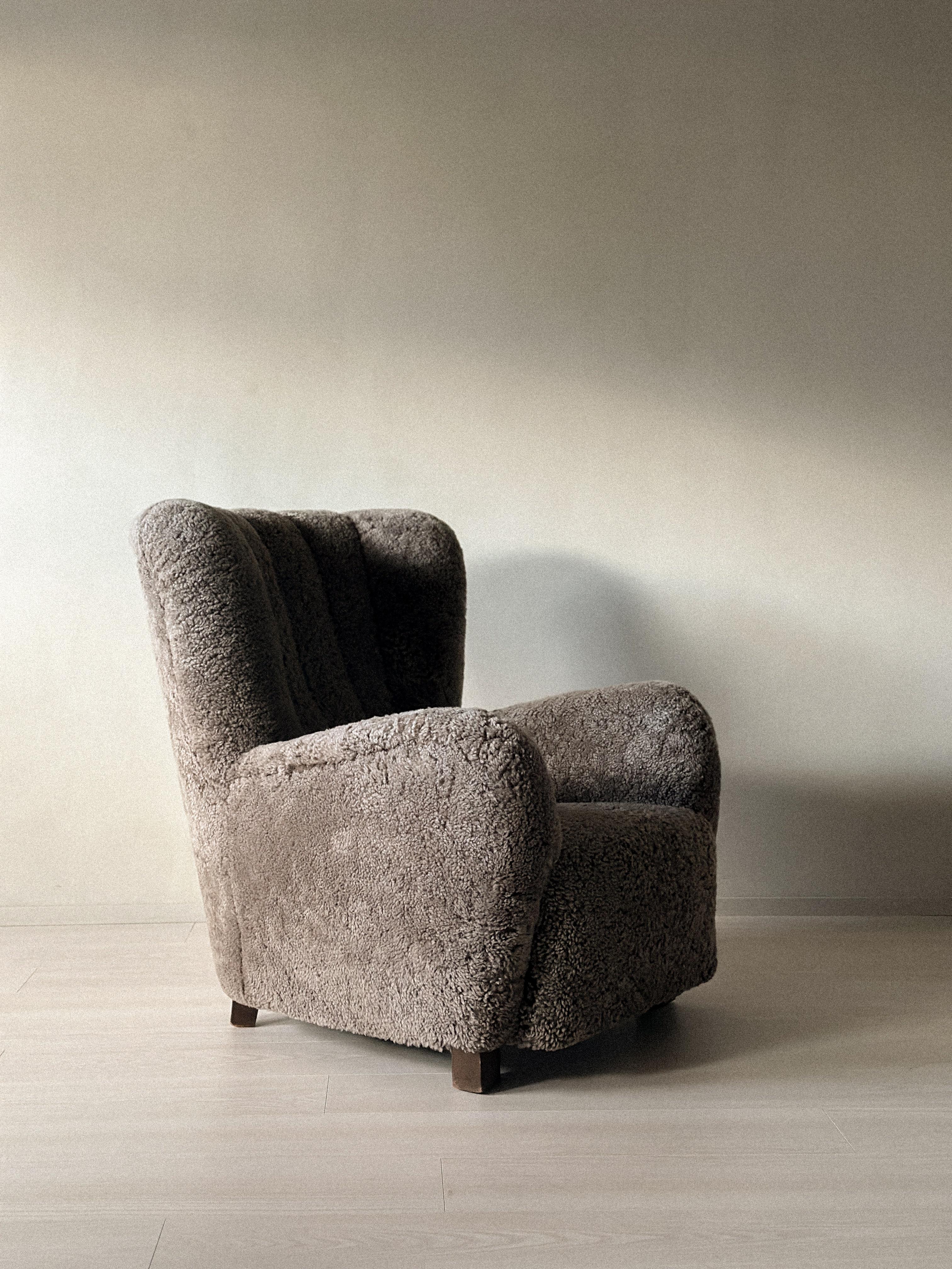 Danish Cabinetmaker Wing Back Chair in Sheepskin, Denmark, 1940s 3
