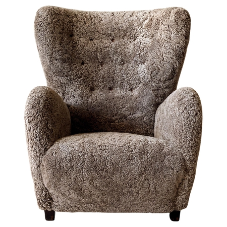 Danish Cabinetmaker Wing Back Chair in Sheepskin, Denmark, 1940s