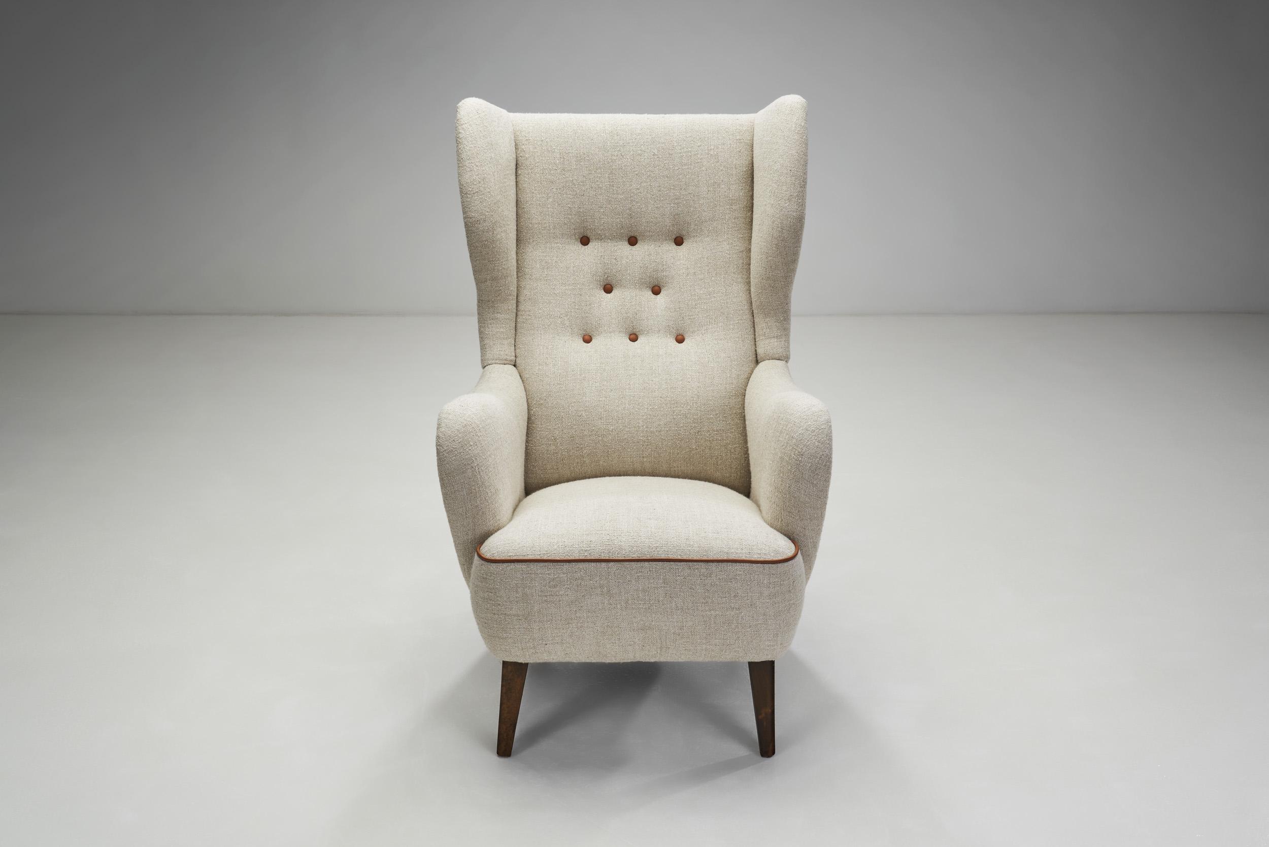 Fabric Danish Cabinetmaker Wing-Back Chair with Stained Beech Legs, Denmark 1940s For Sale