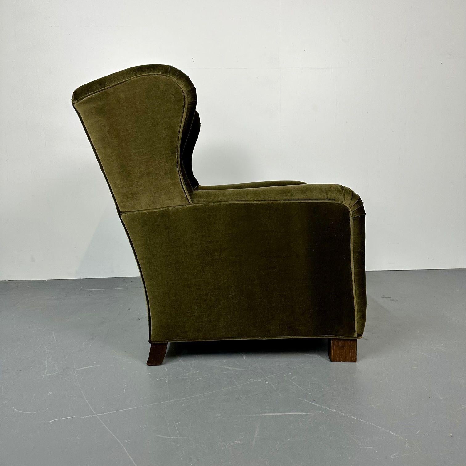 Velvet Danish Cabinetmaker Wingback / Lounge Chair, Scroll Arm, Flemming Lassen Style For Sale