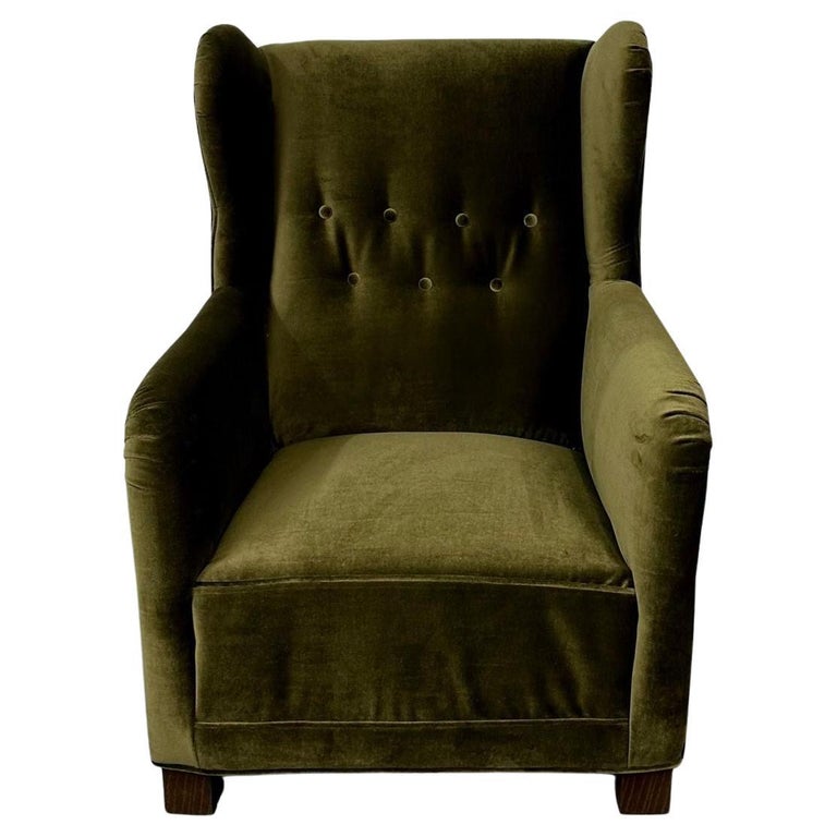 Fauteuil danois d'ébéniste Wingback / fauteuil de salon, bras en volute, style Lassen En vente