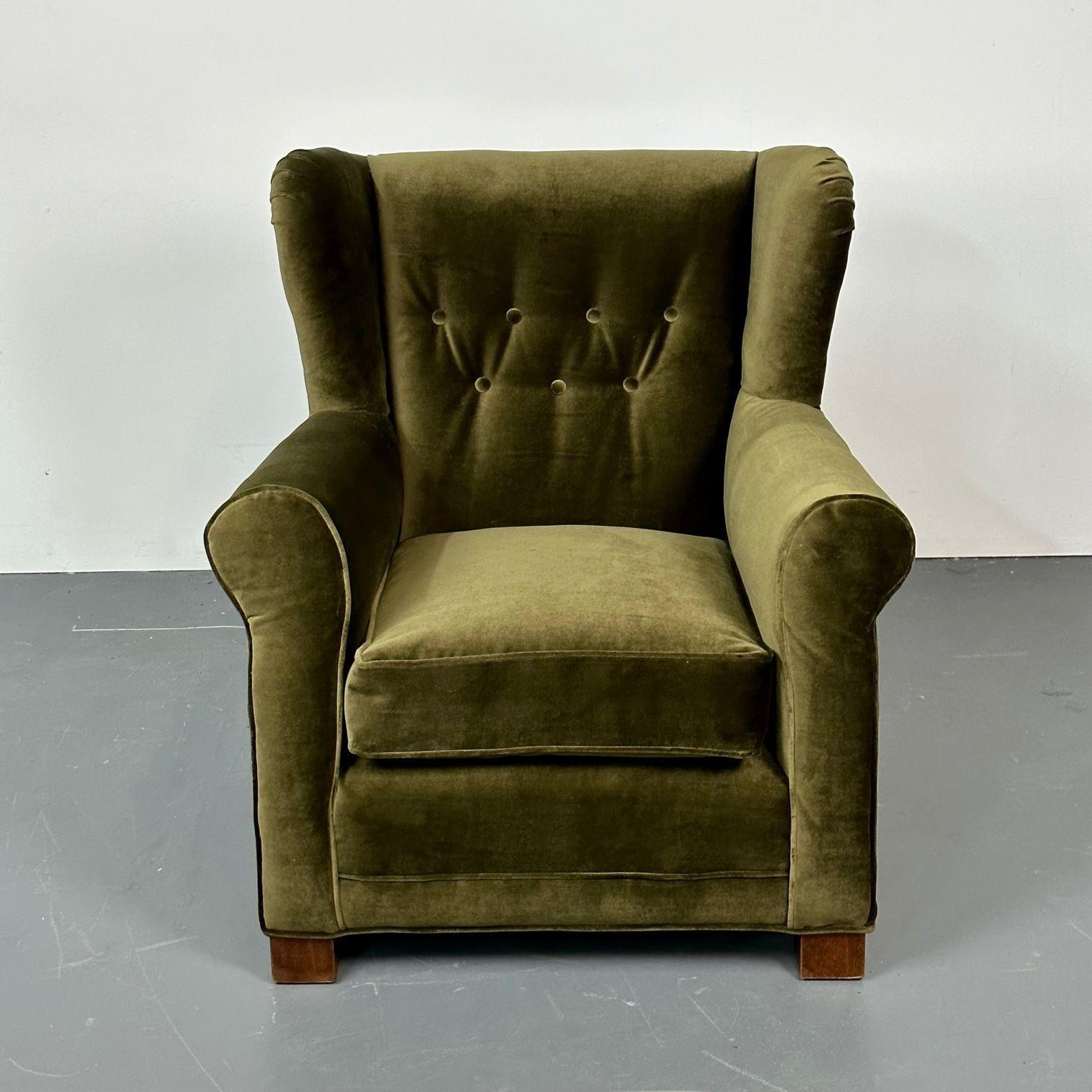 Danish Cabinetmaker Wingback / Lounge Chair, Scroll Arm, Fritz Hansen Style
Green velvet wingback lounge chair designed and produced in Denmark, 1940s. Modern and oversized, this newly upholstered lounge chair will work great in either a mid-century