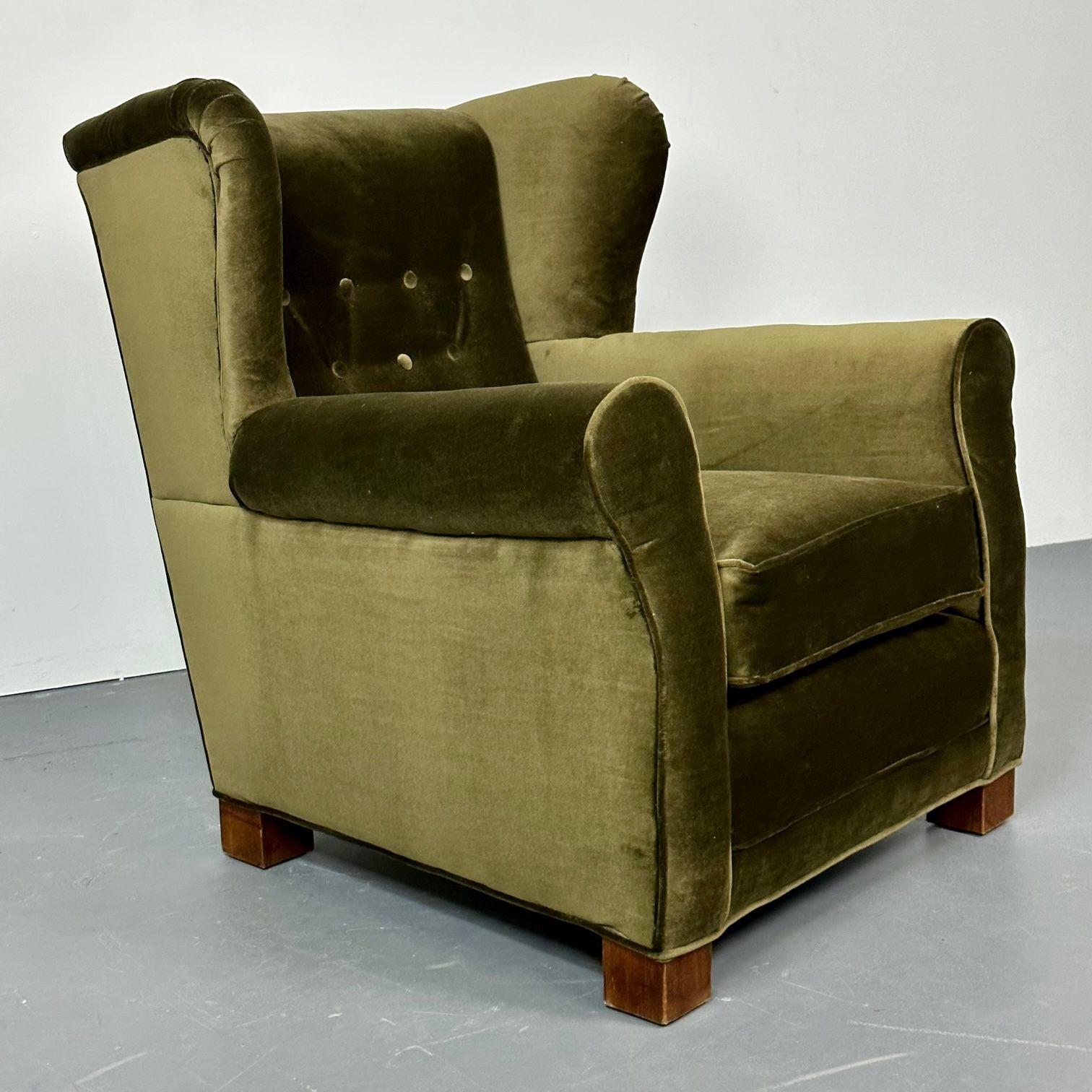 Velvet Danish Cabinetmaker Wingback / Lounge Chair, Scroll Arm, Fritz Hansen Style For Sale