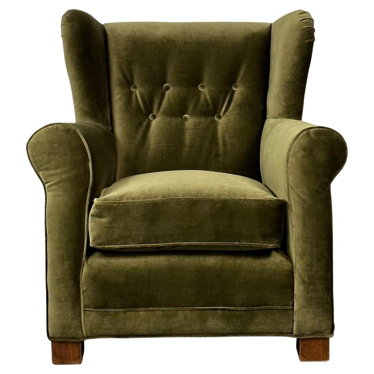 Danish Cabinetmaker, Mid-Century Modern, Wingback Lounge Chair, Green Velvet