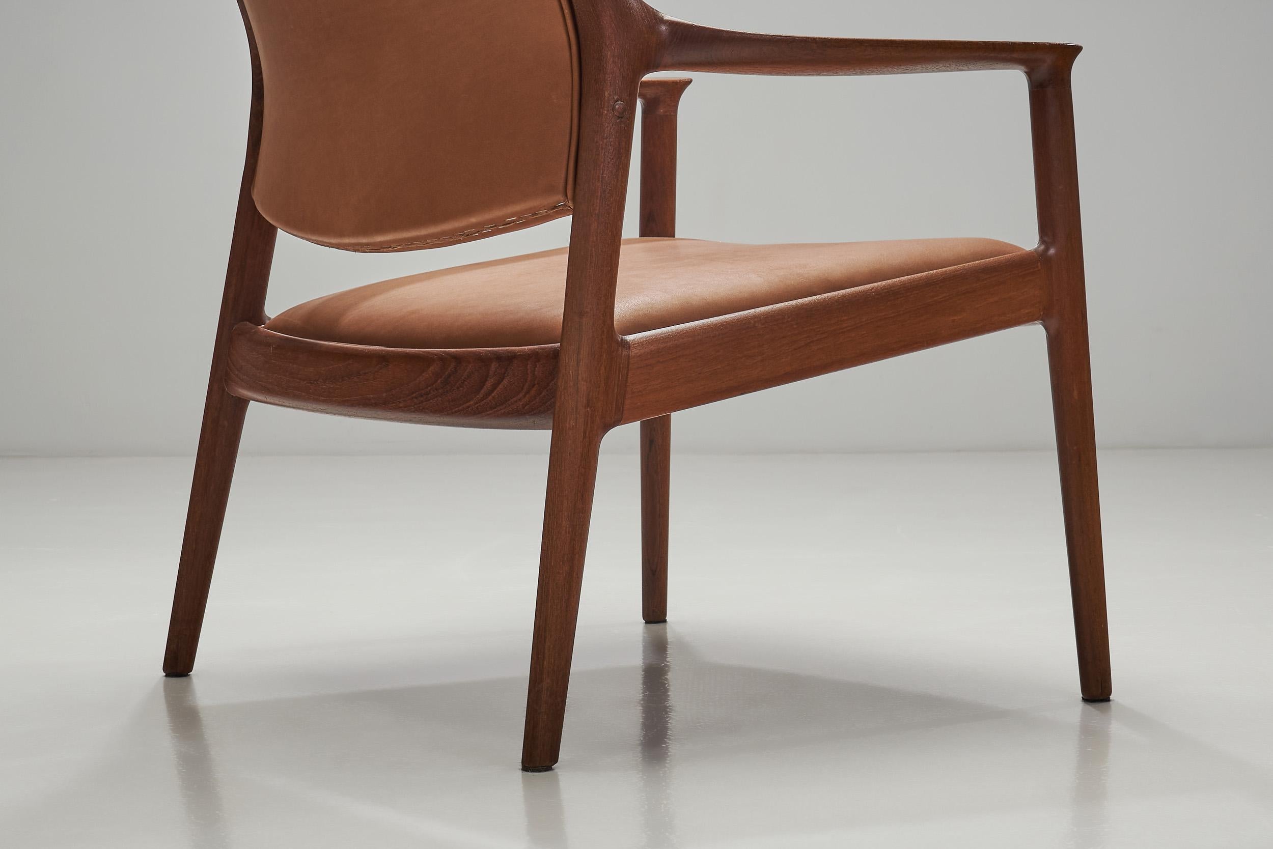 Danish Cabinetmaker Wood and Leather Armchairs, Denmark, Ca 1950s 9