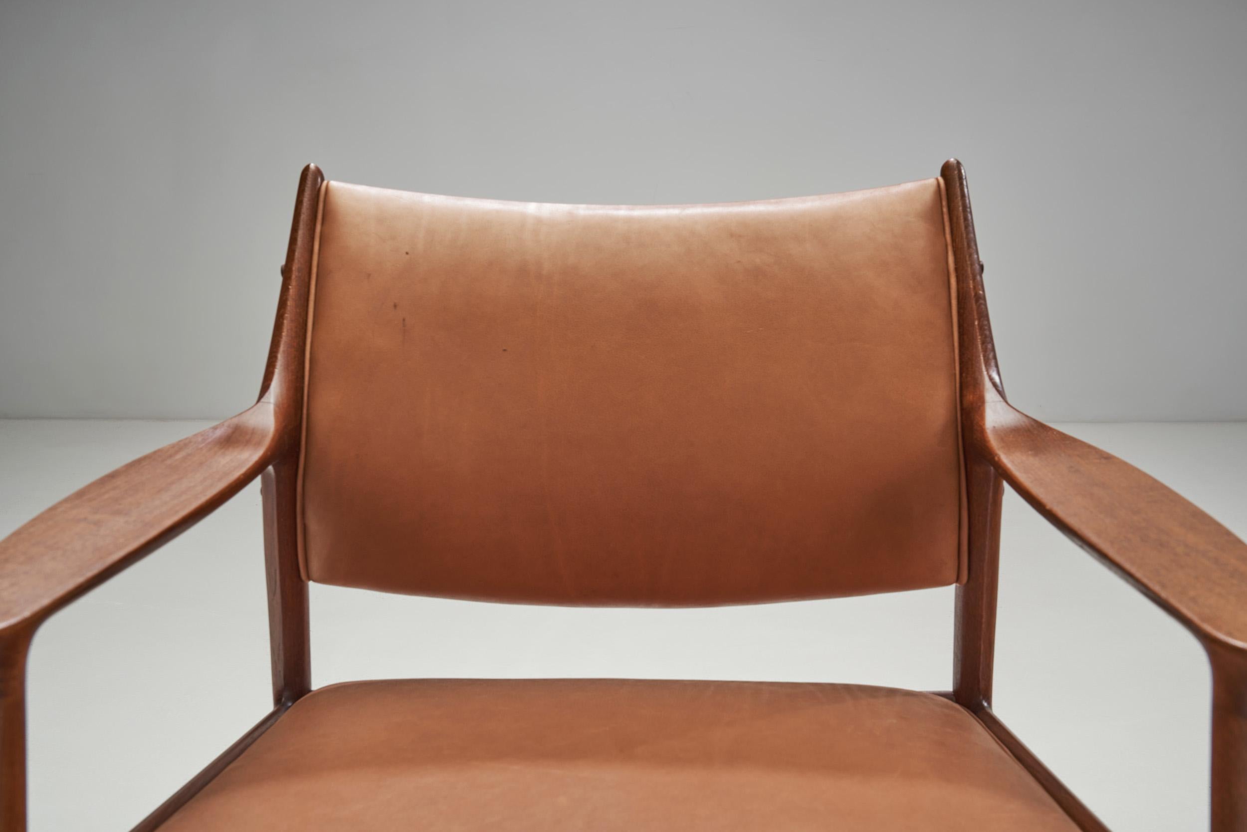 Danish Cabinetmaker Wood and Leather Armchairs, Denmark, Ca 1950s 1