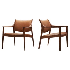 Danish Cabinetmaker Wood and Leather Armchairs, Denmark, Ca 1950s