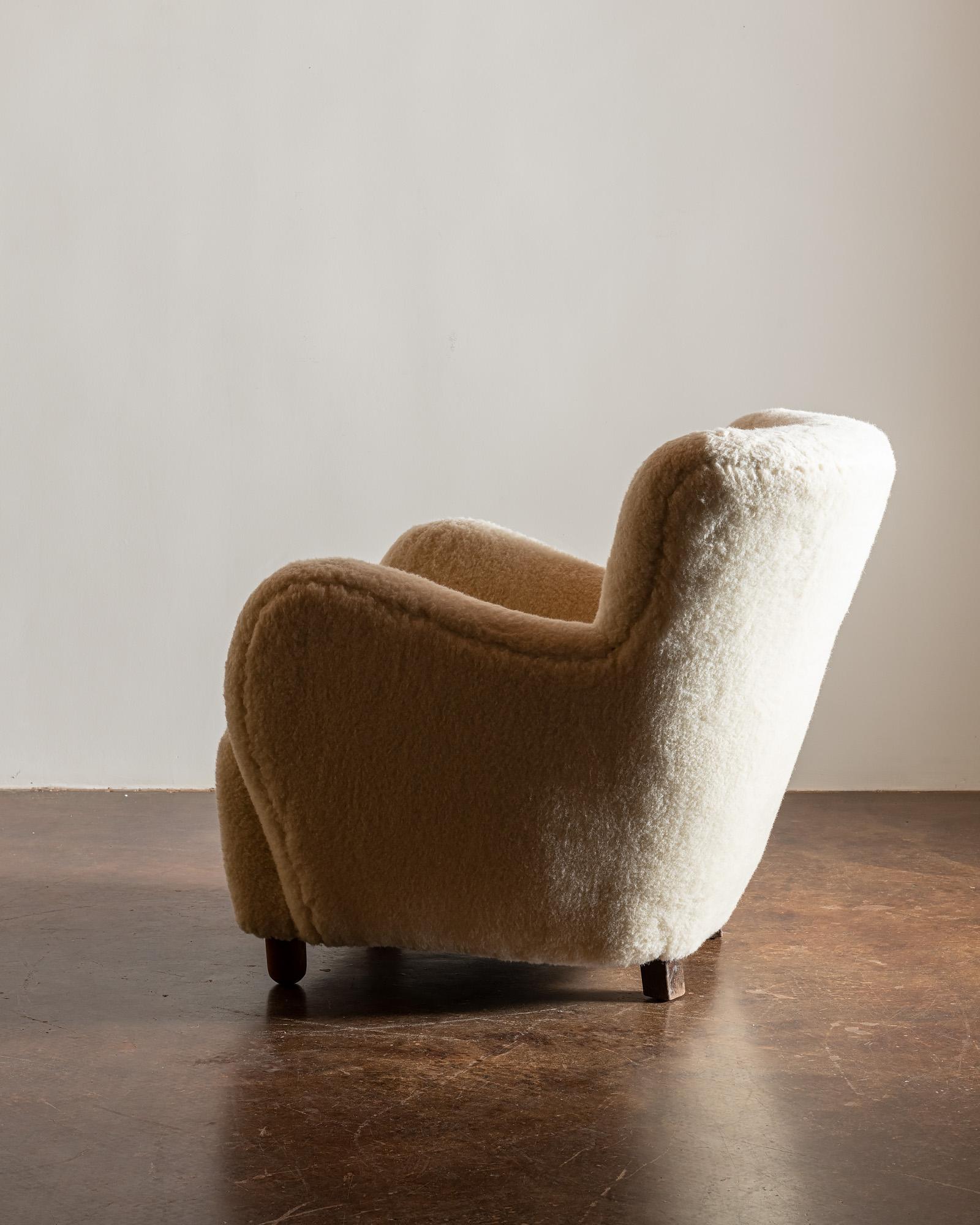 Stained Danish Cabinetmaker's Easy Chair in Sheepskin, 1940s