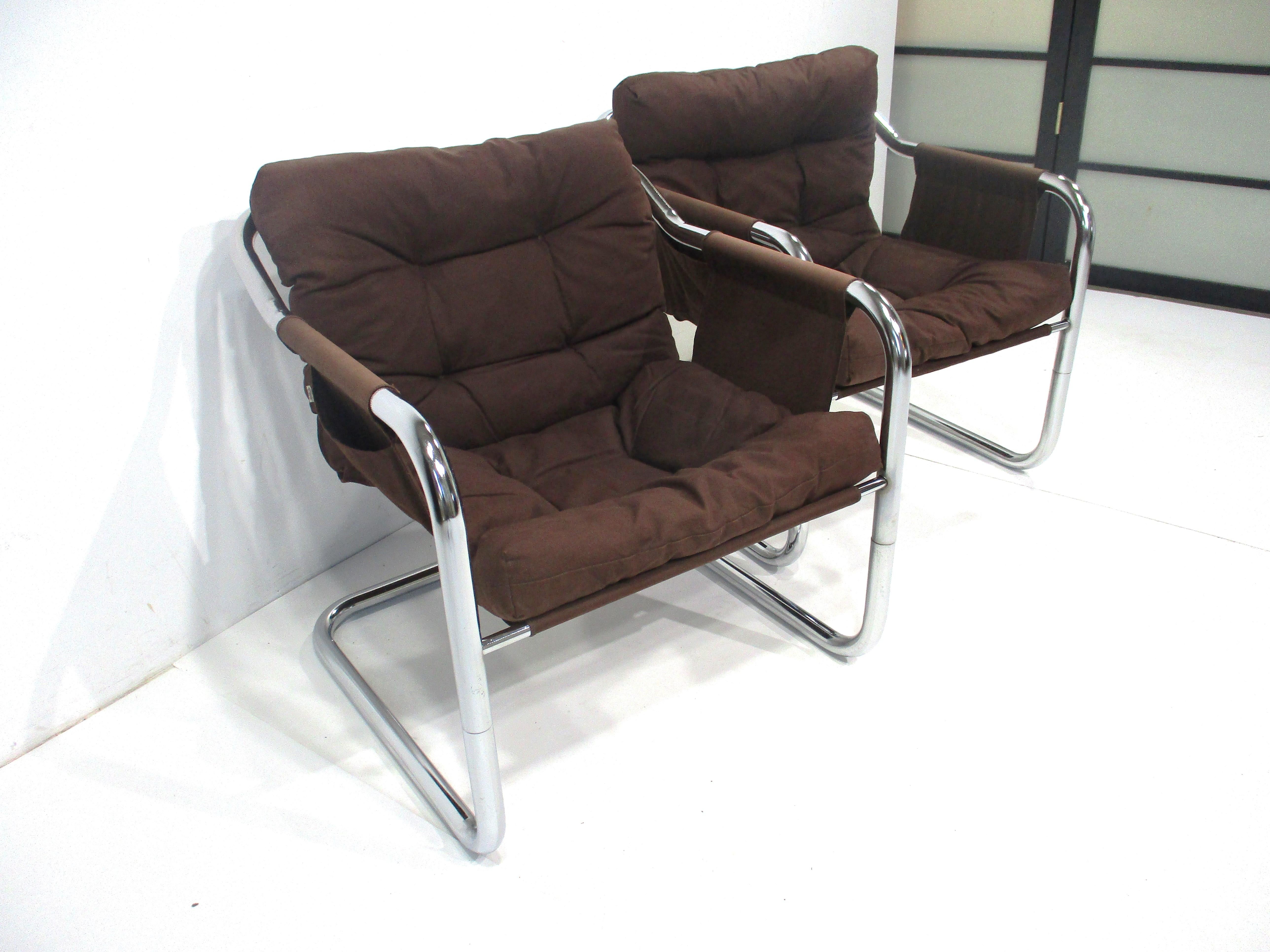 Danish Cantilevered Chrome Sling Lounge Chairs  For Sale 4