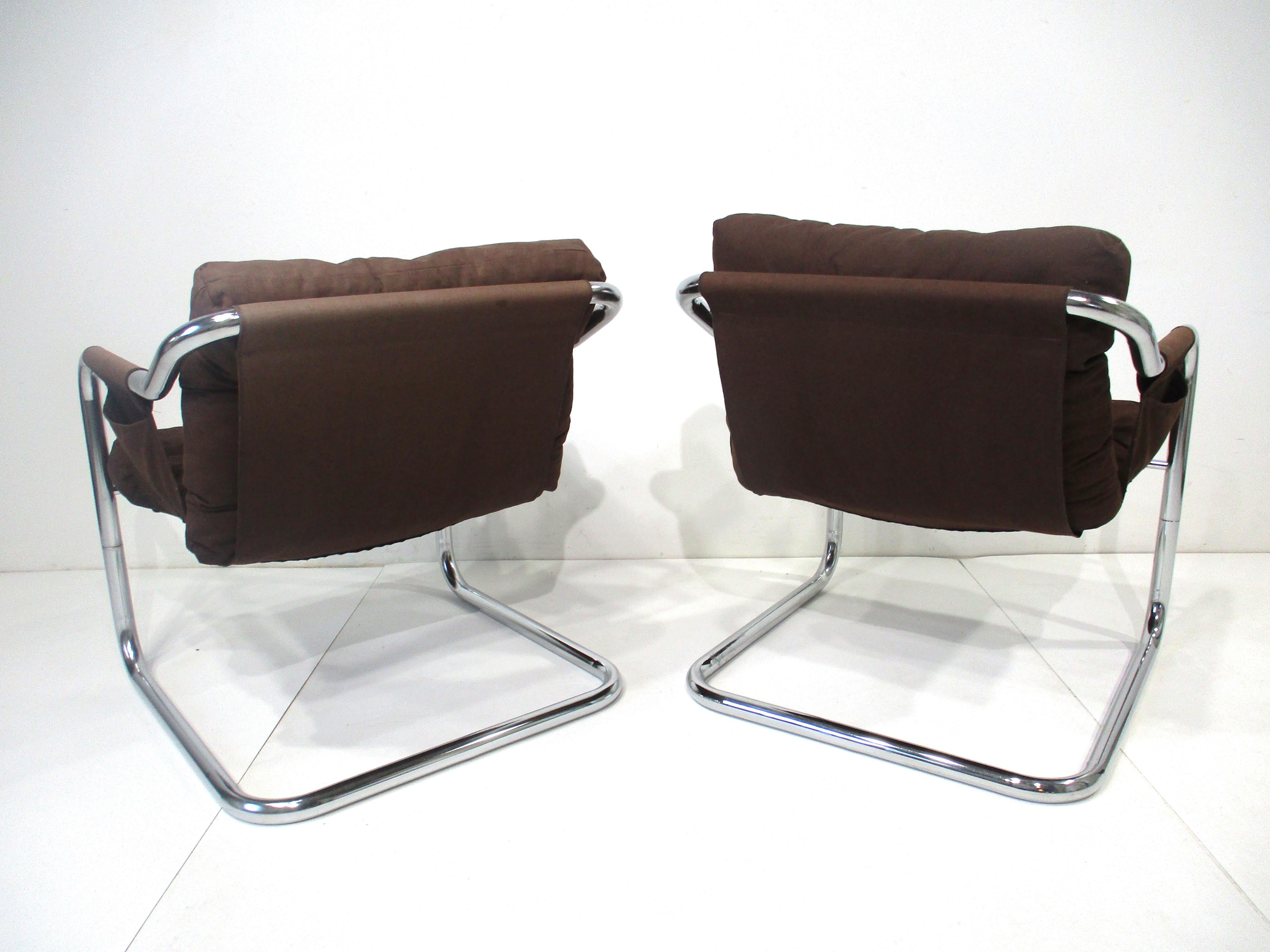Danish Cantilevered Chrome Sling Lounge Chairs  In Good Condition For Sale In Cincinnati, OH
