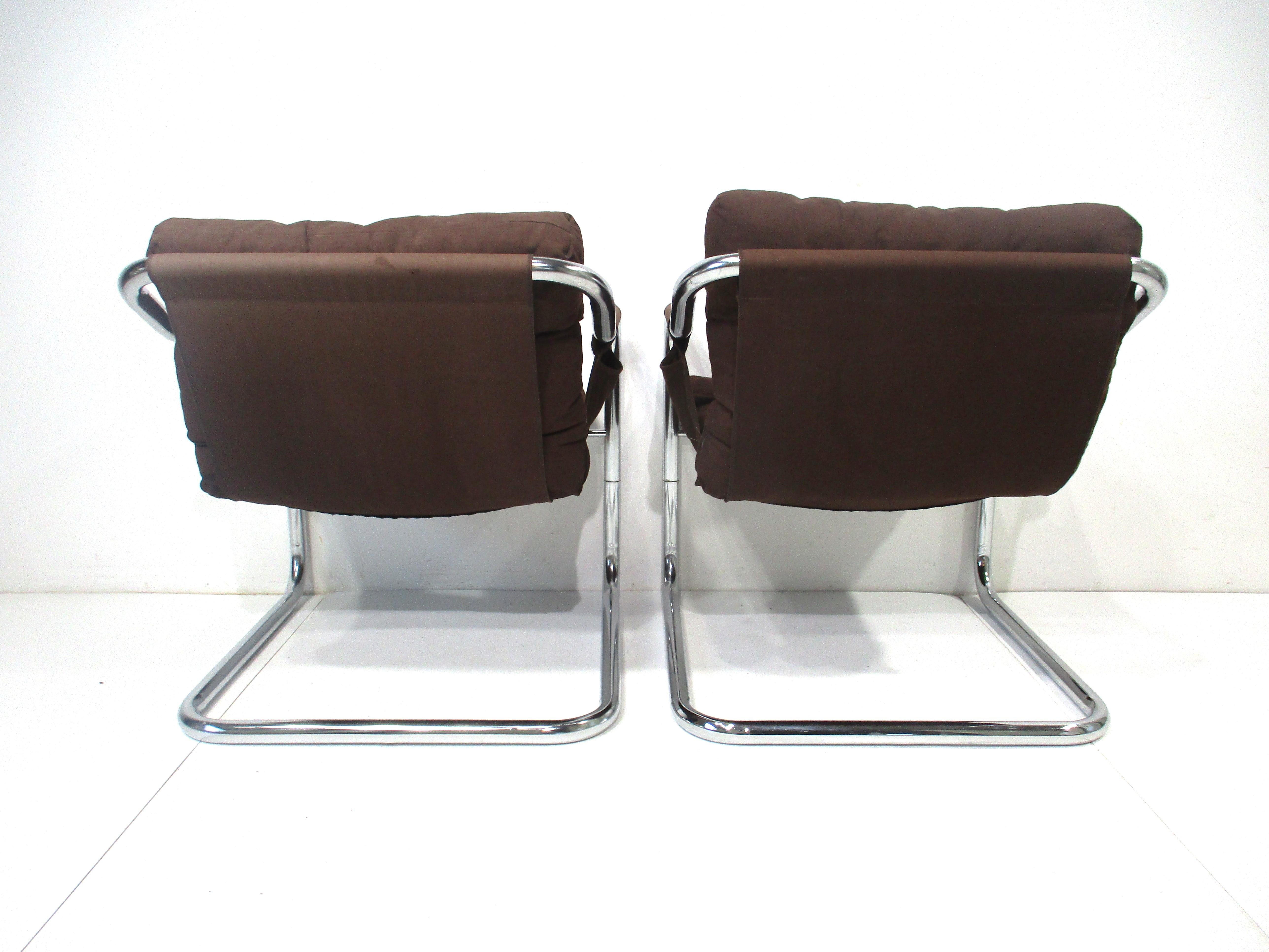 20th Century Danish Cantilevered Chrome Sling Lounge Chairs 