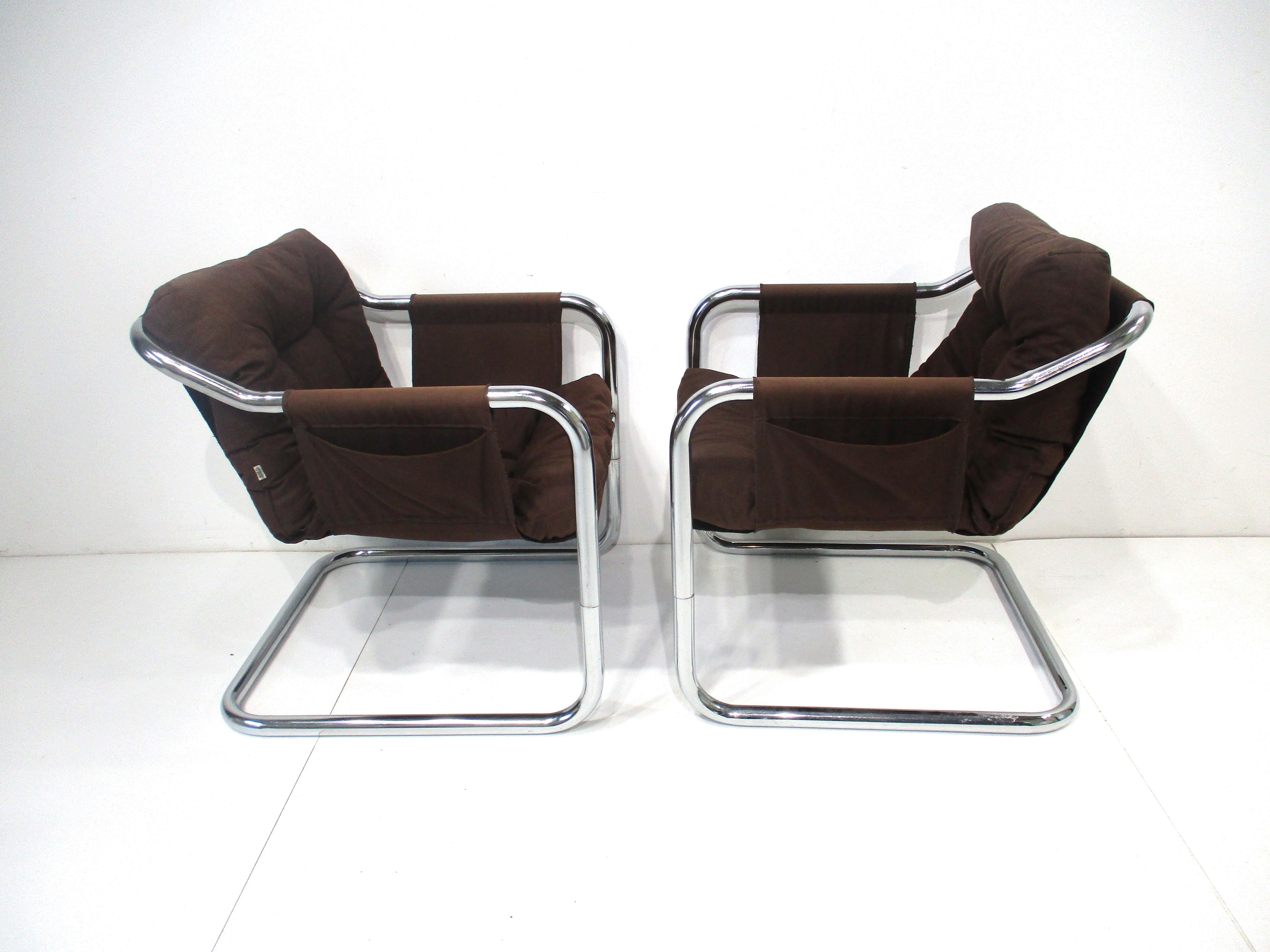 Canvas Danish Cantilevered Chrome Sling Lounge Chairs 
