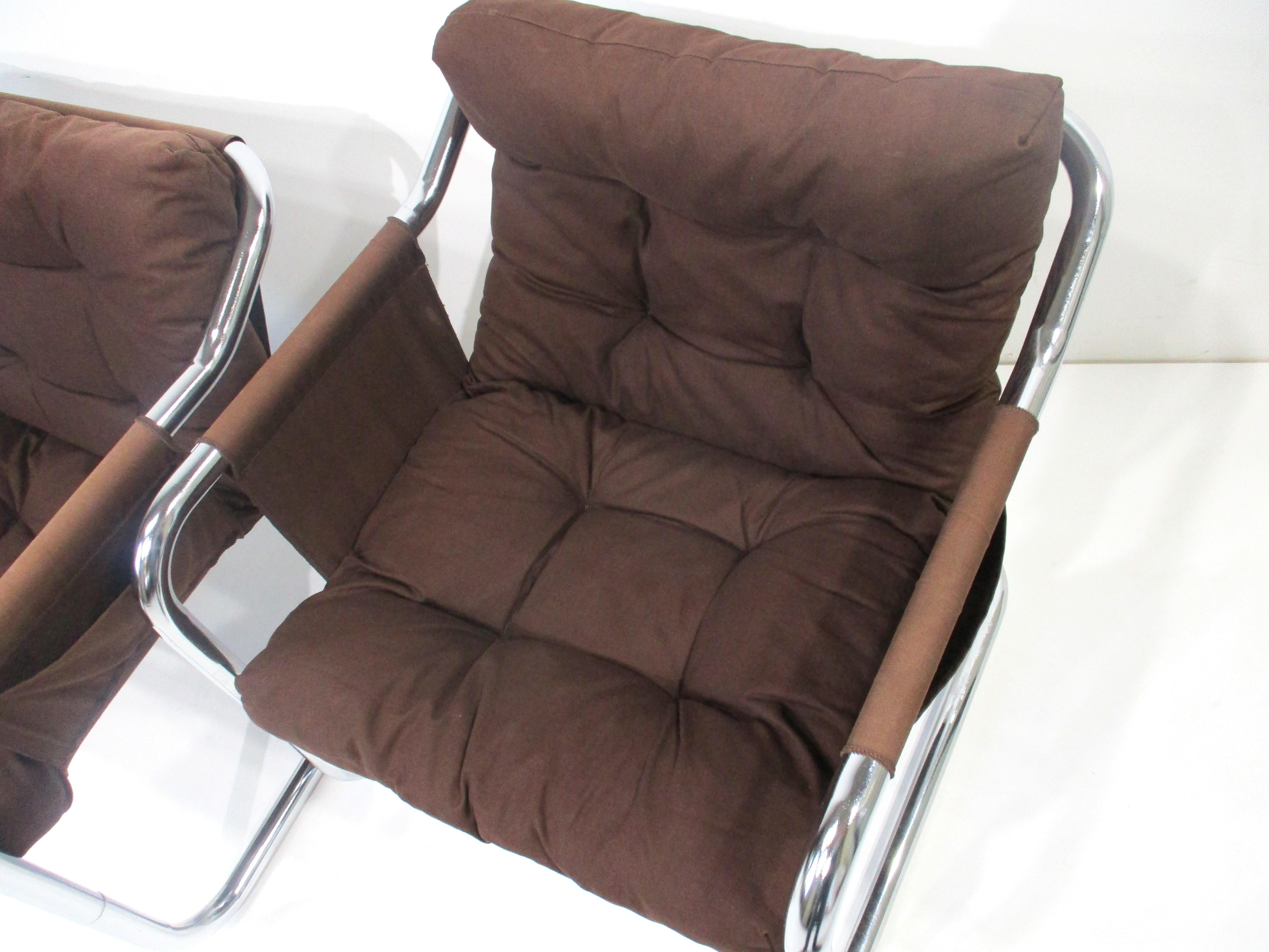 Danish Cantilevered Chrome Sling Lounge Chairs  For Sale 2