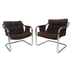 Danish Cantilevered Chrome Sling Lounge Chairs