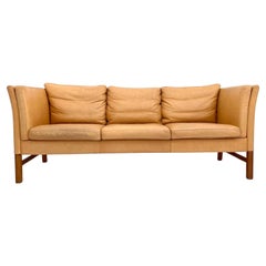 Danish Caramel Tan Aniline Leather 3 Seater Sofa Mid Century 1960s