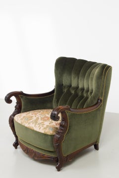 Danish Carved Lounge Chair in Green Velvet, 1920s.