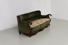 Danish Carved Three Seater Sofa in Green Velvet, 1920s.