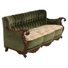 Danish Carved Three Seater Sofa in Green Velvet, 1920s.