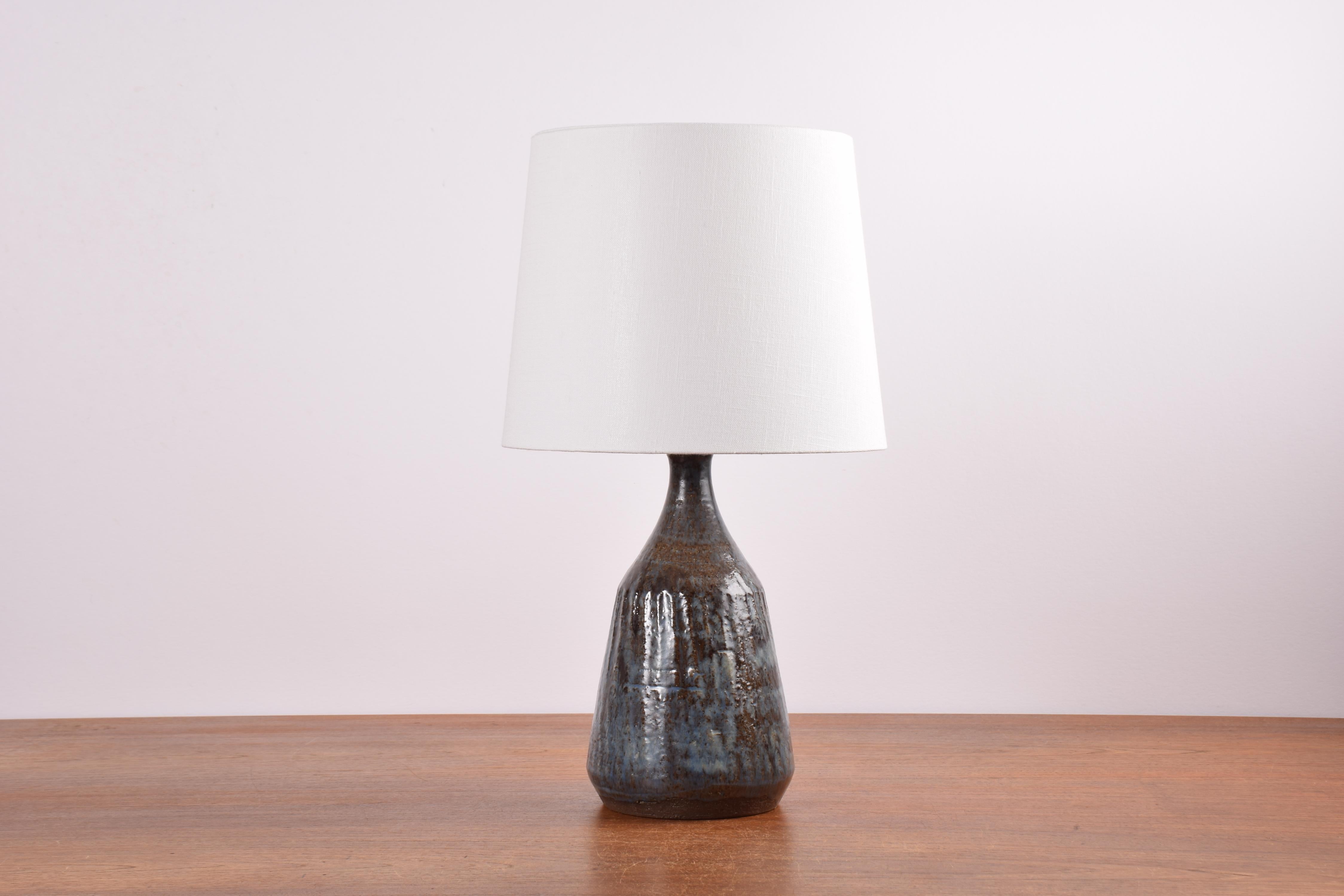 Danish Ceramic Table Lamp Blue and Brown Glaze Bamboo Shade, Modern, 1960s For Sale 7