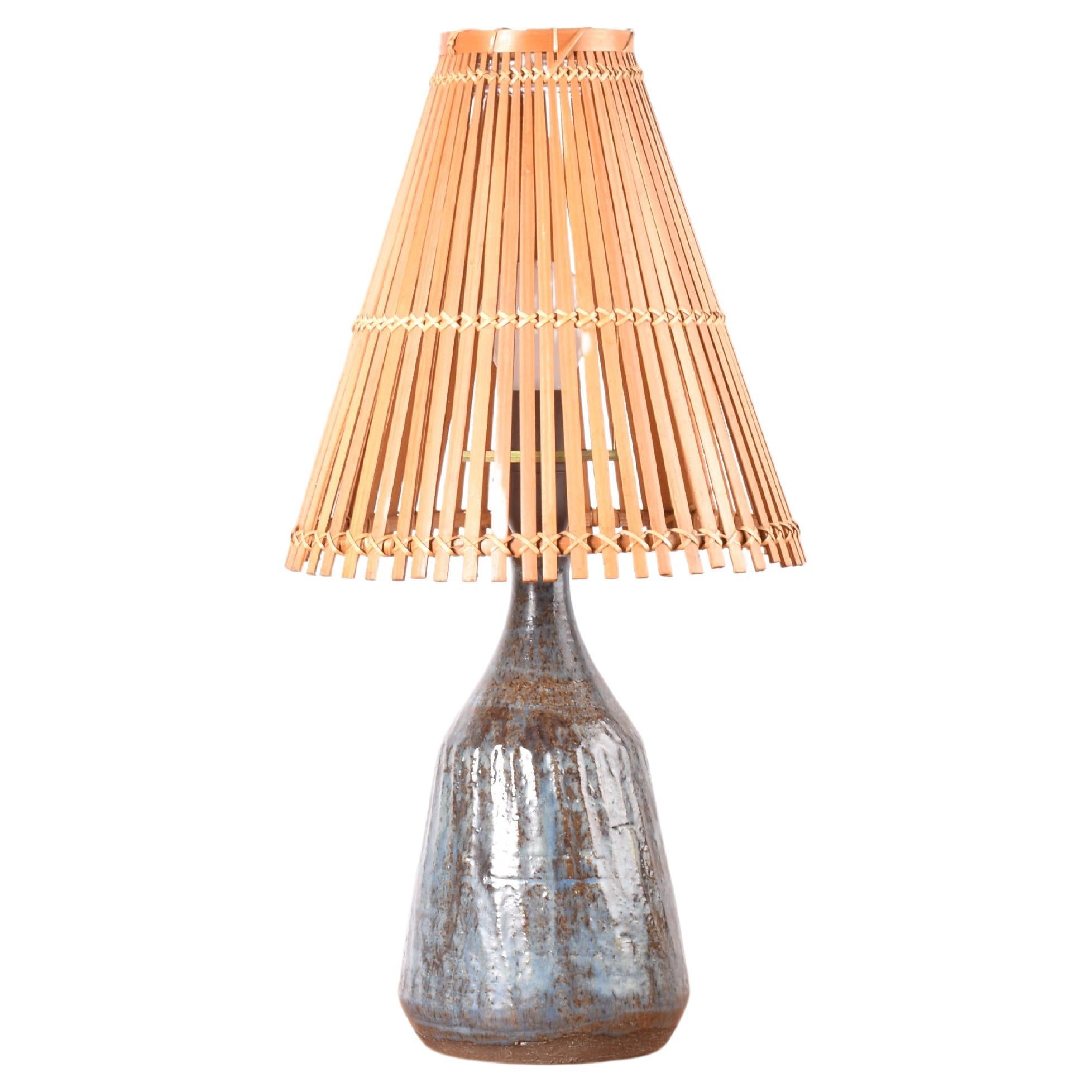 Danish Ceramic Table Lamp Blue and Brown Glaze Bamboo Shade, Modern, 1960s For Sale