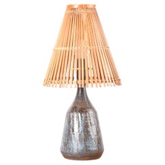 Used Danish Ceramic Table Lamp Blue and Brown Glaze Bamboo Shade, Modern, 1960s