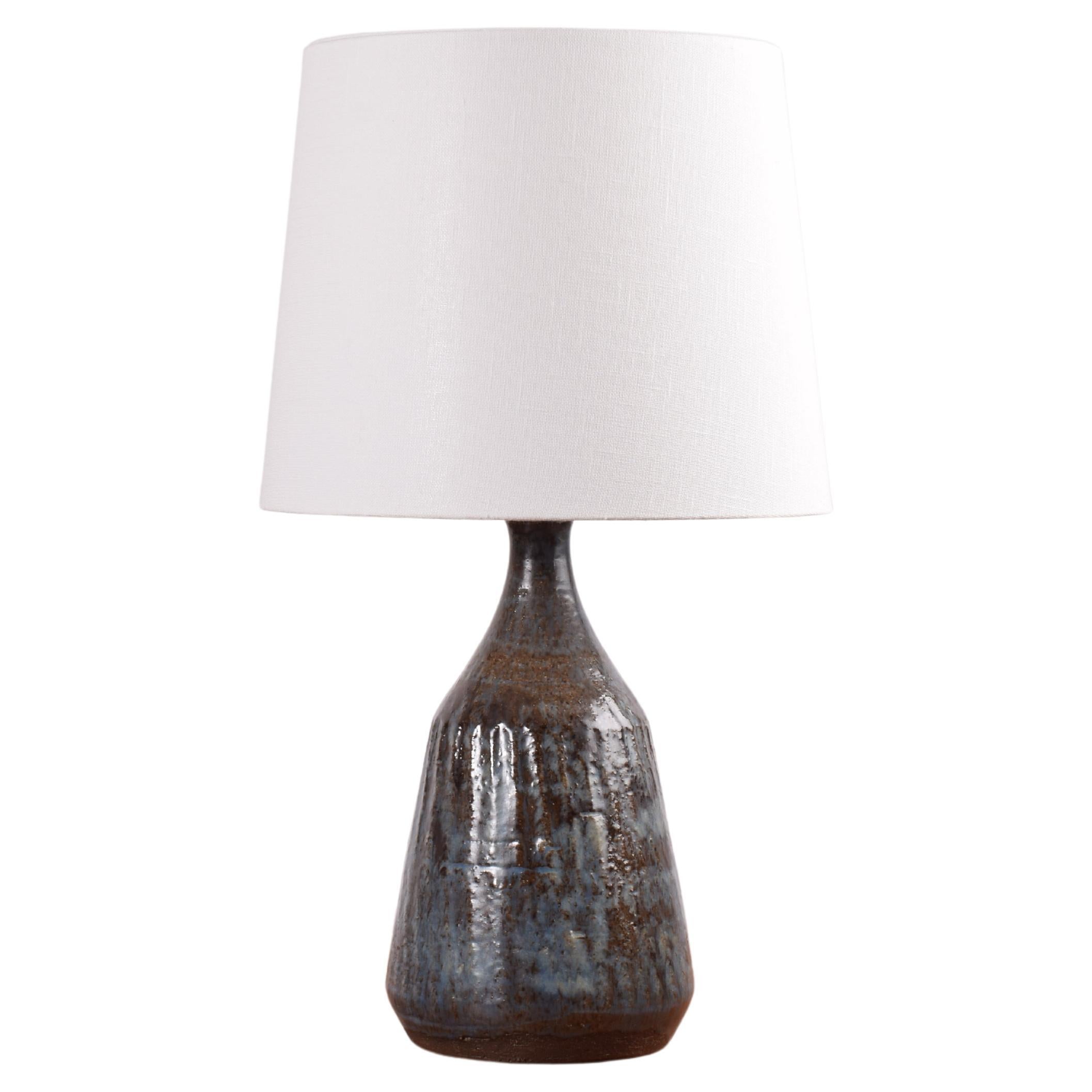 Danish Ceramic Table Lamp Blue and Brown Glaze with Shade, Modern, 1960s