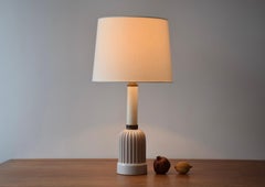 Danish Ceramic Table Lamp Grooved White Glaze Brass Details, Mid-century 1950s