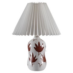 Danish Ceramic Table Lamp with White Glaze and Brown Leaf Pattern 1950s