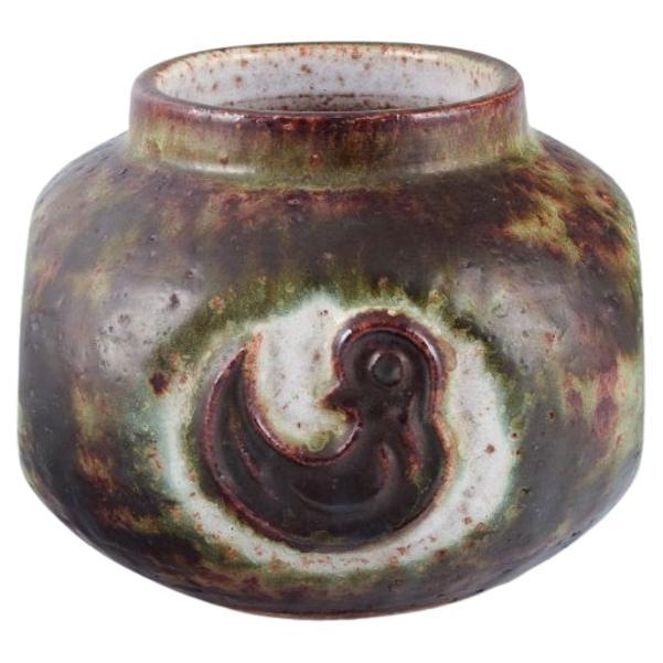 Danish ceramicist, unique vase decorated with a baby bird. 1960s For Sale