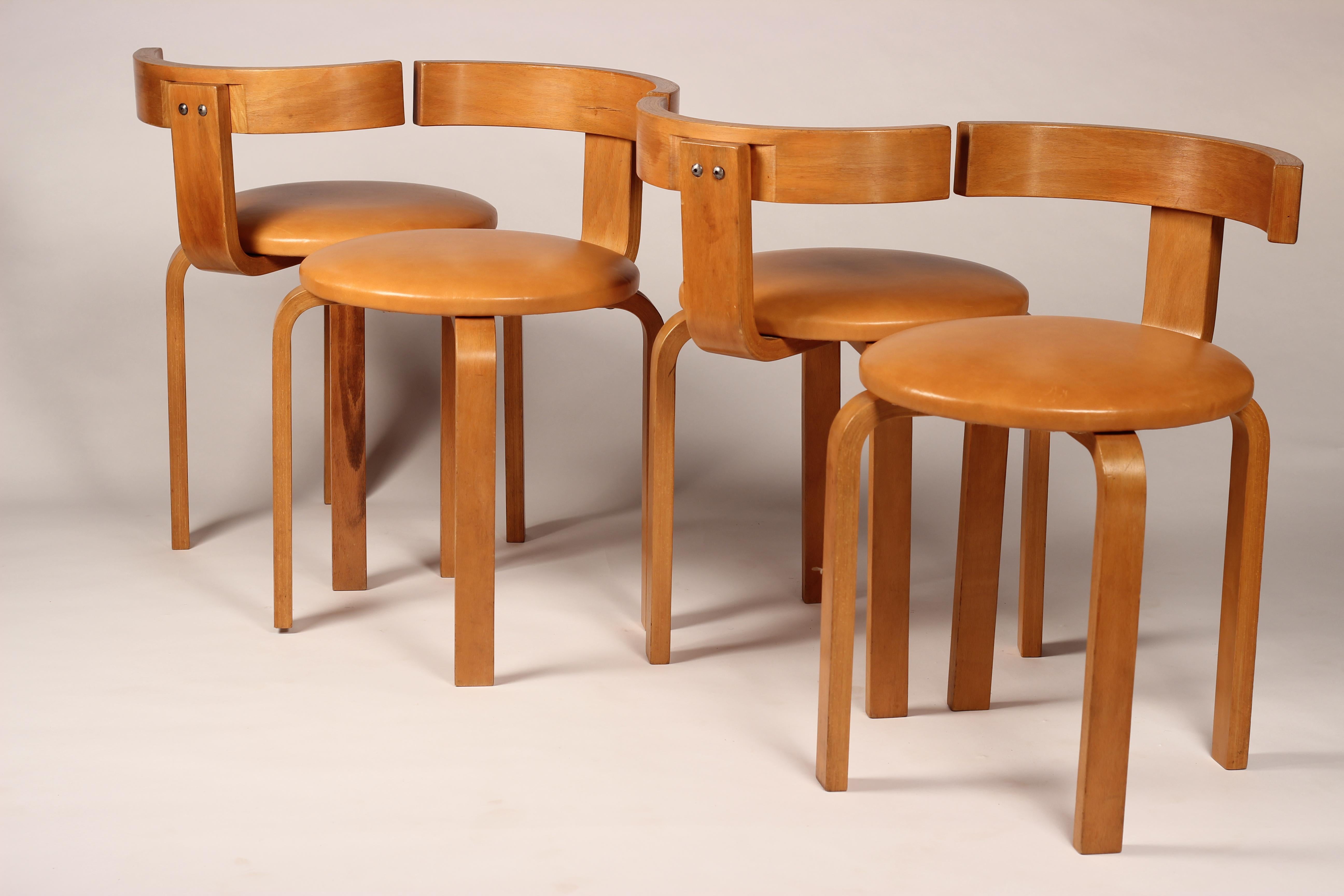 A set of 4 Mobelfabrik Danish Chairs or steam bent stools by Georg Petersens. The backs that can either be retained or removed to form stools that are very similar in style to Alvar Aalto’s. The frames have been re polished and the seats have been